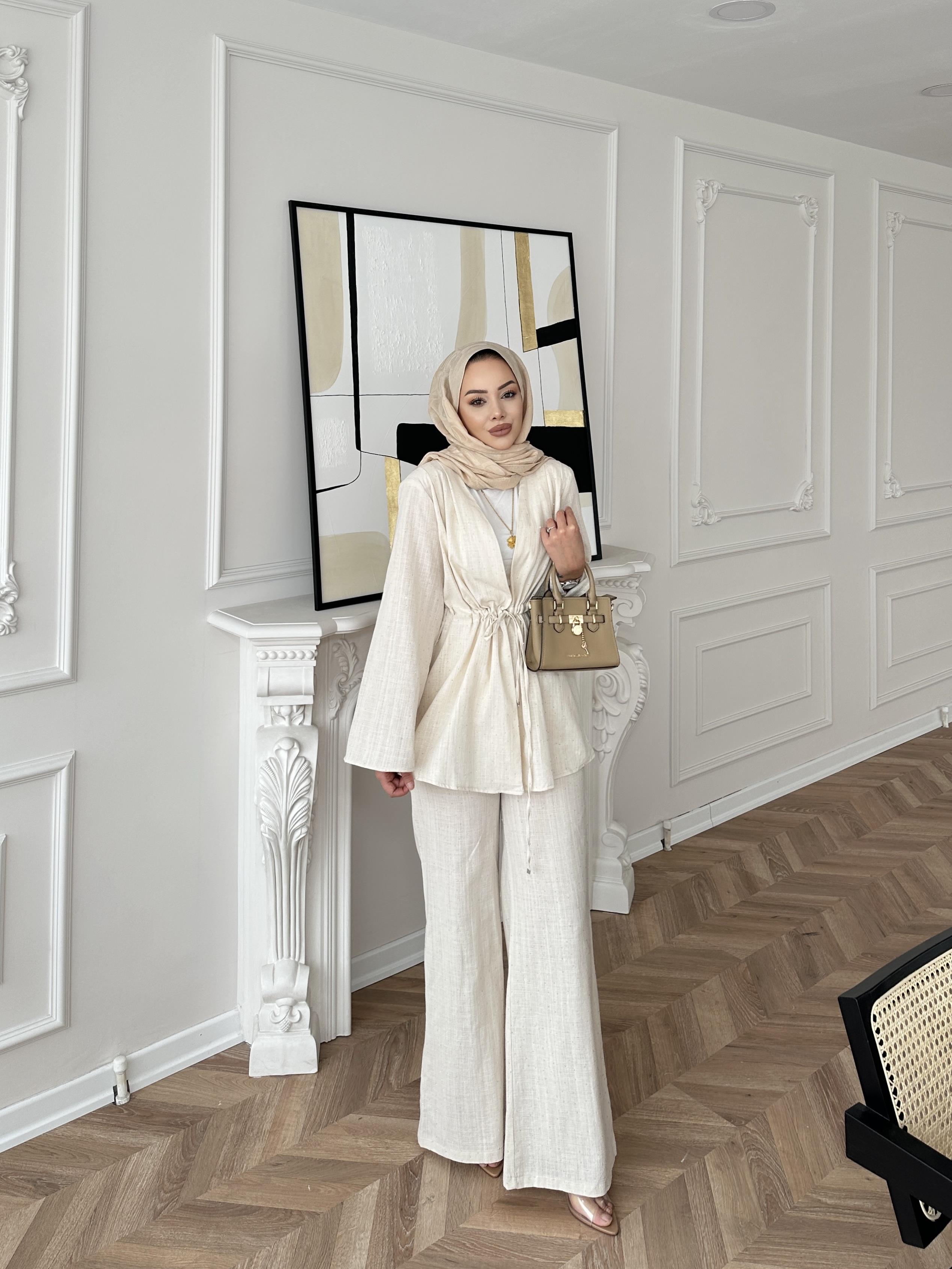 Taşlı Keten Takım Ekru