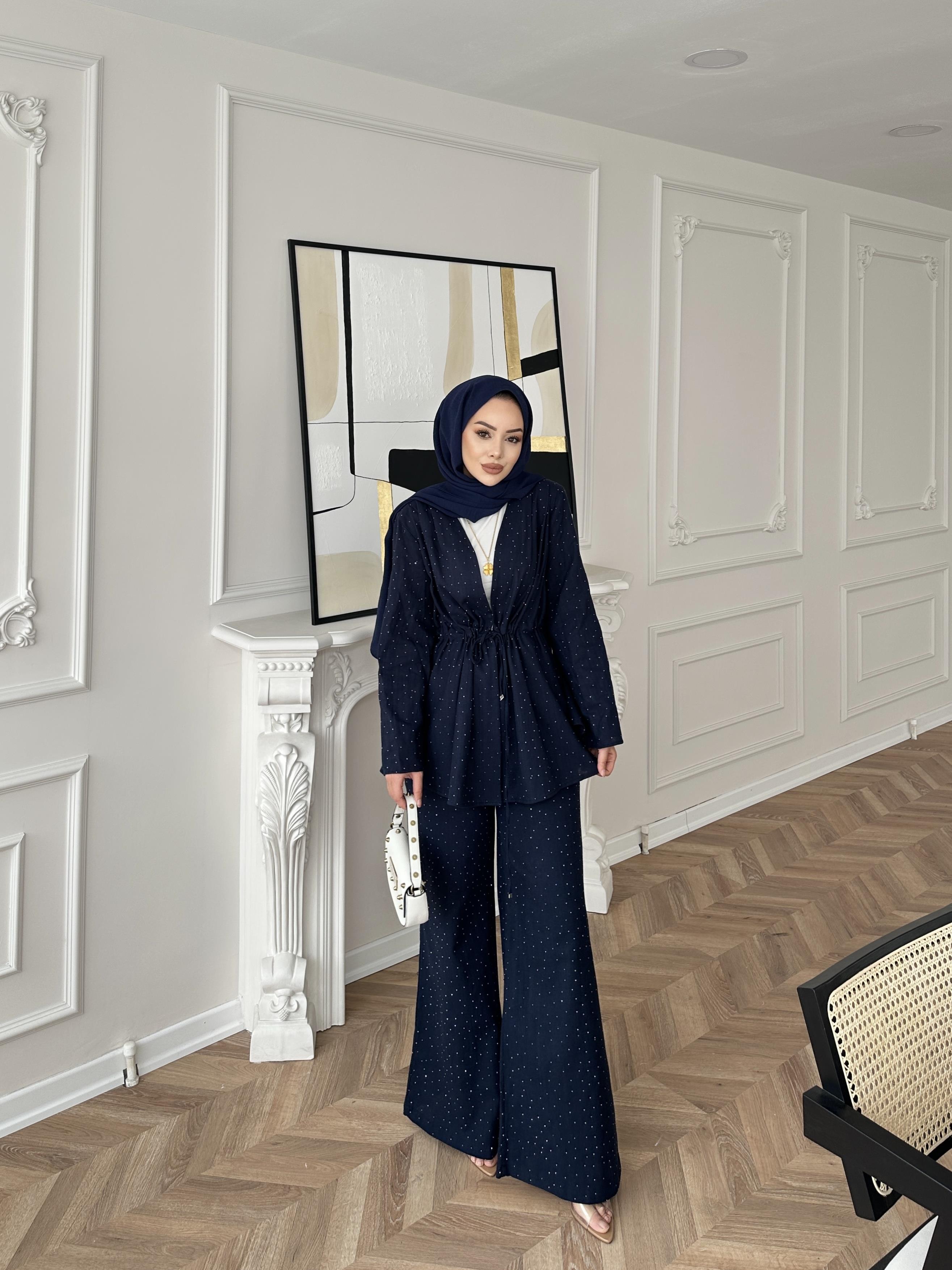 Taşlı Keten Takım Lacivert