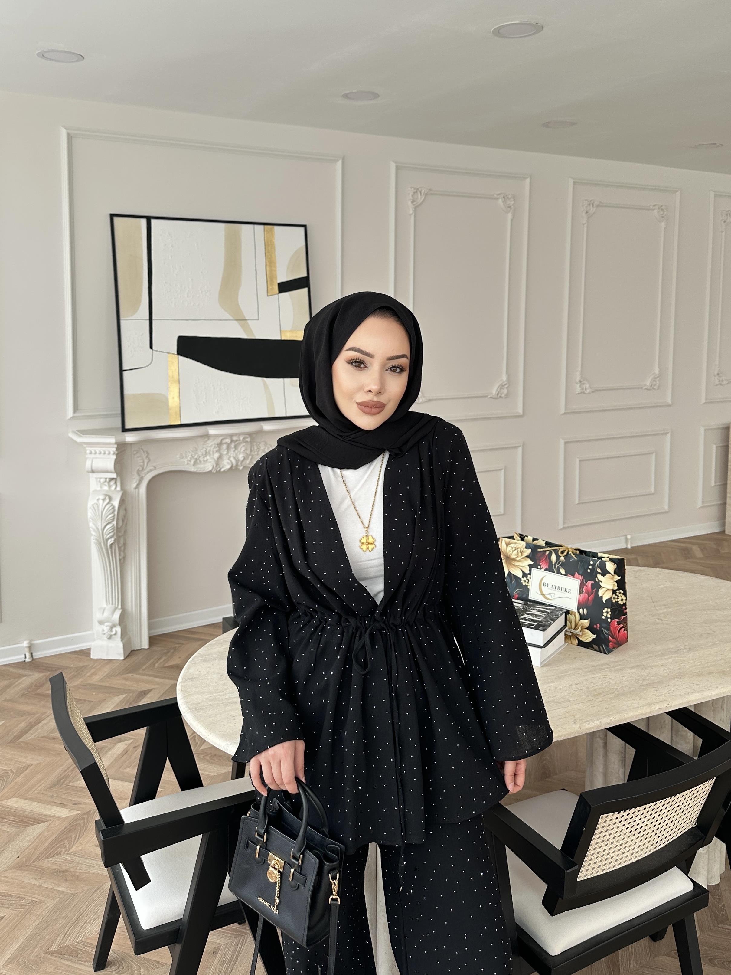 Taşlı Keten Takım Siyah