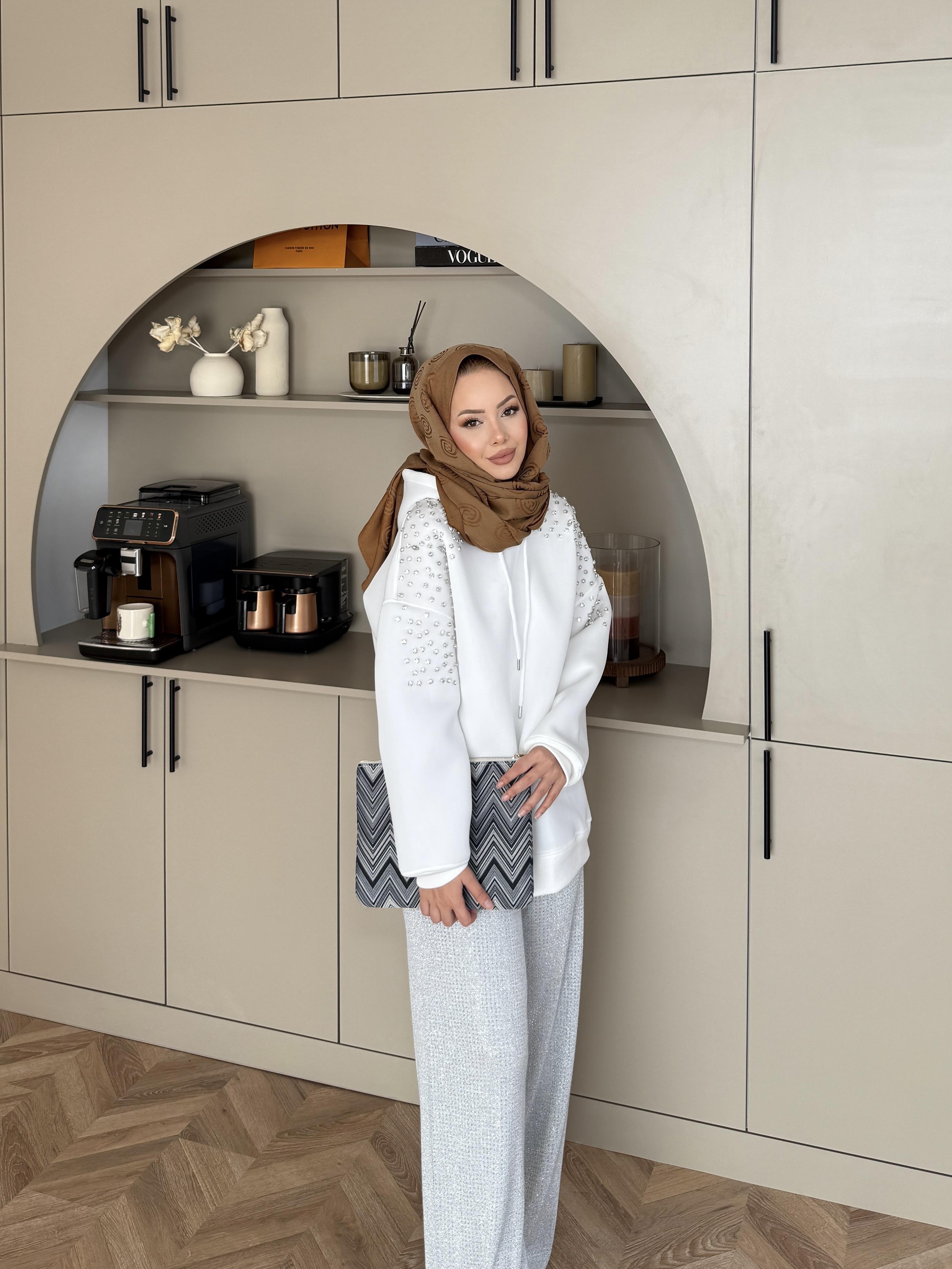 Taşlı Scuba Sweat Beyaz 