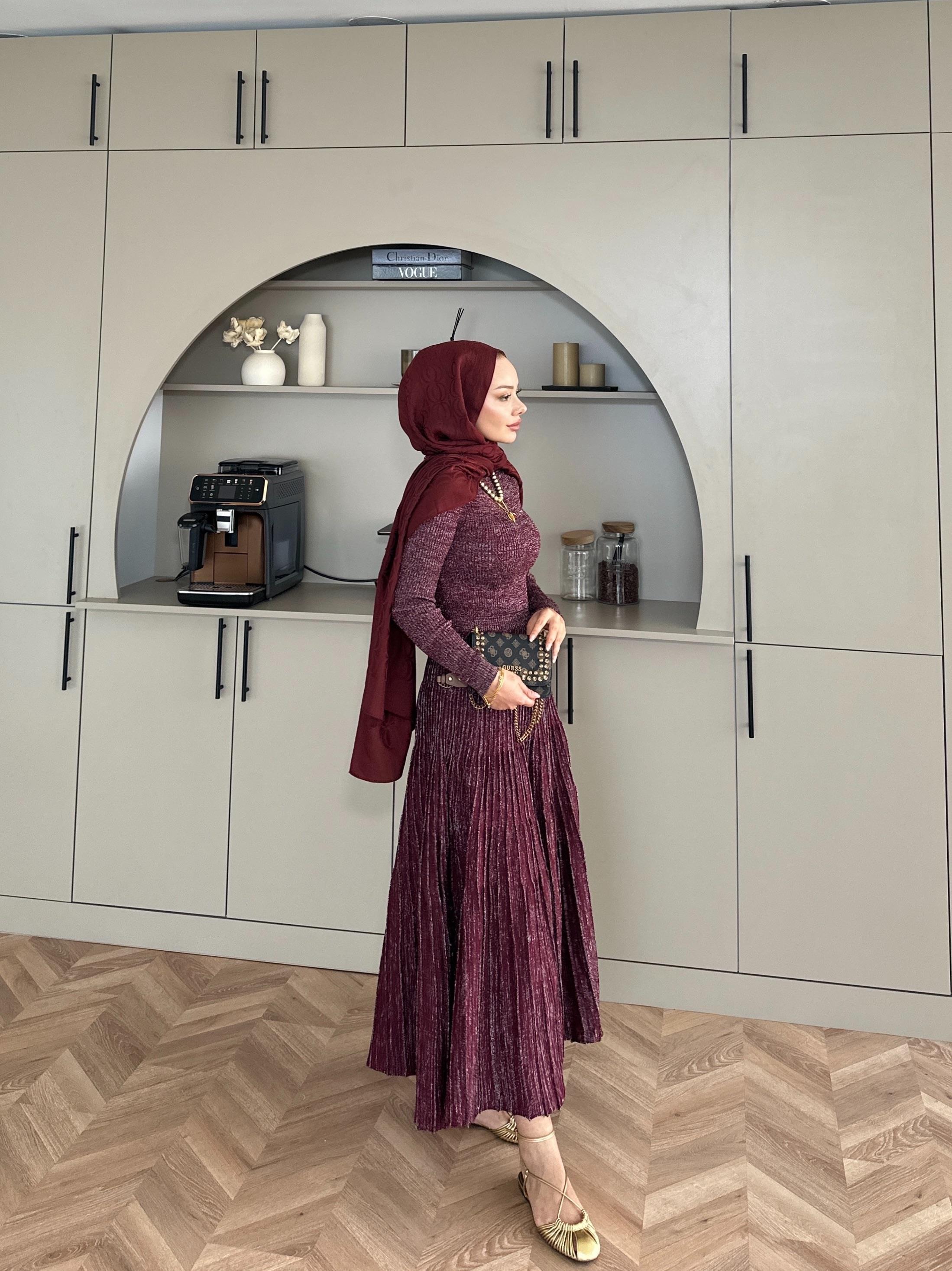 Vienna Simli Triko Elbise Bordo