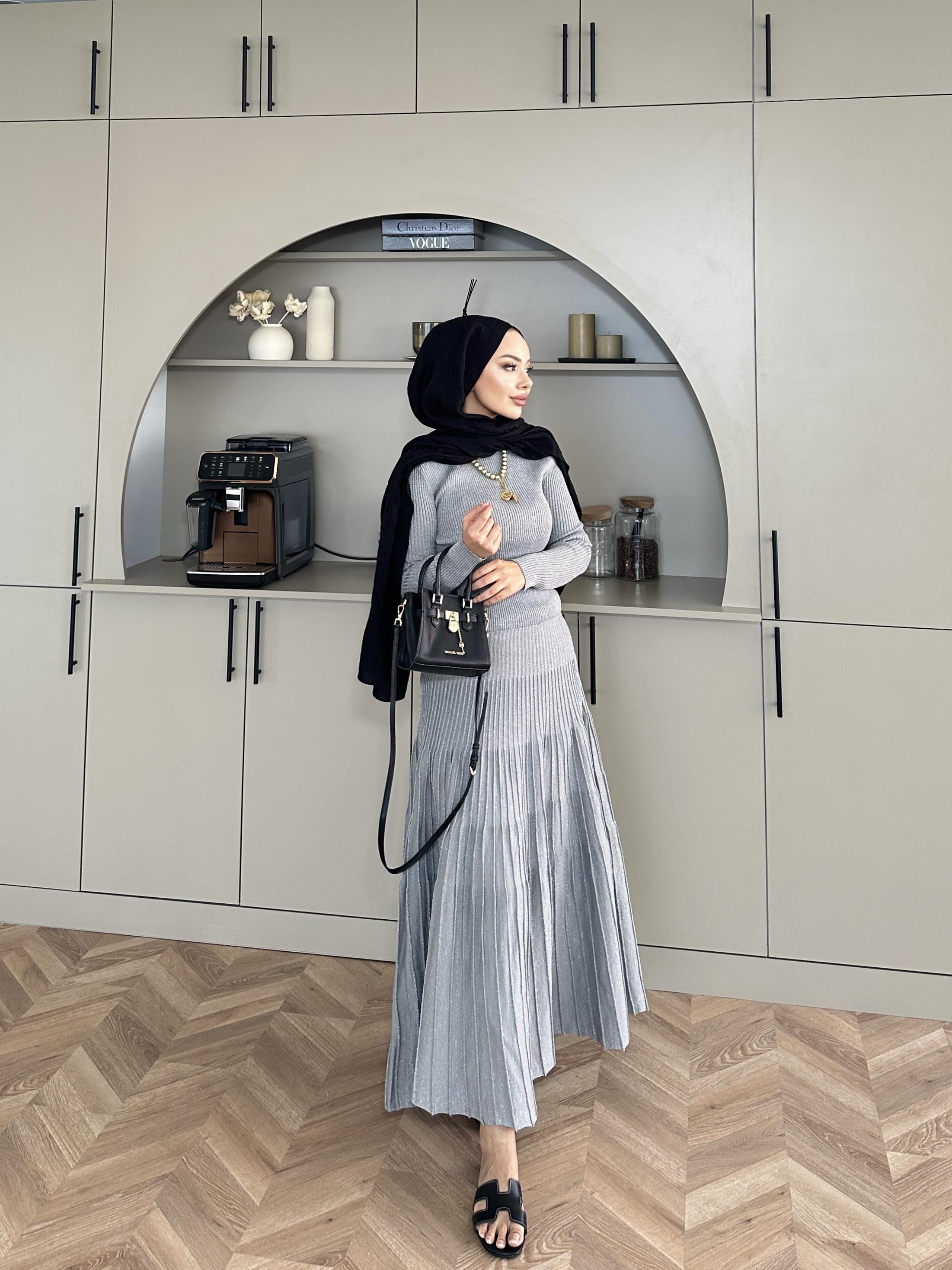 Vienna Simli Triko Elbise Gri 