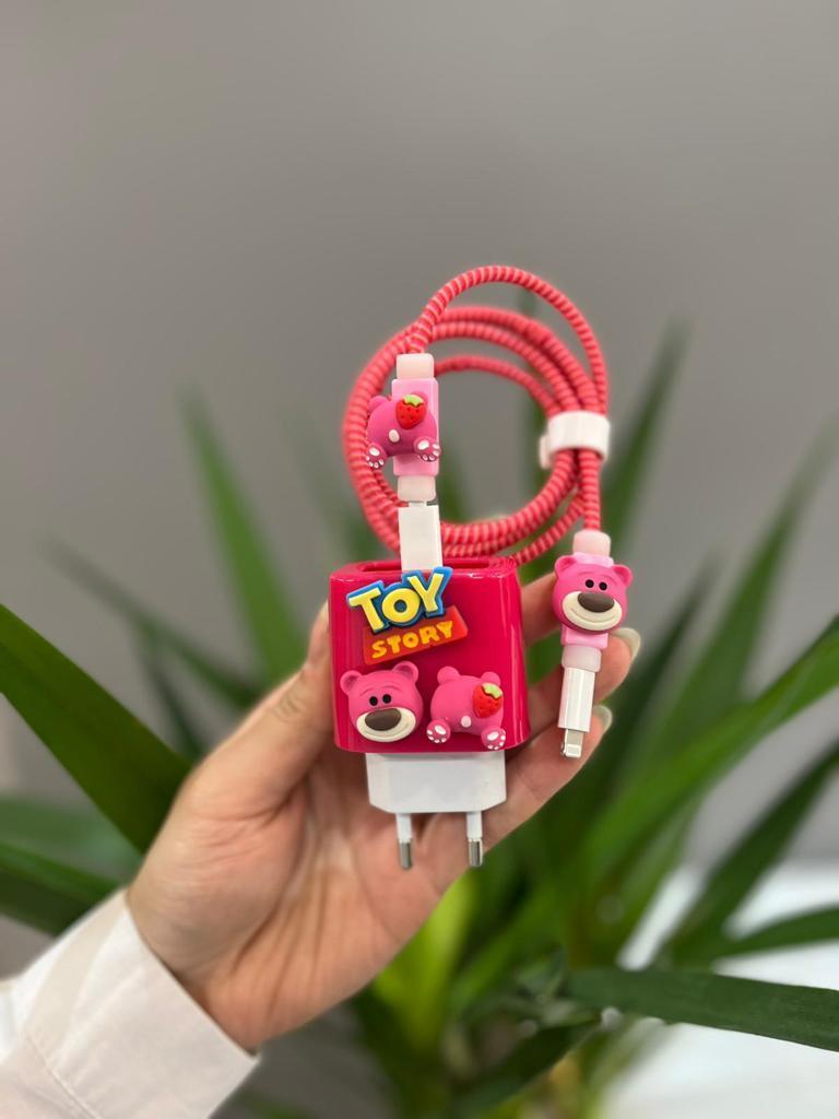 Sevimli Şarj Koruyucu Şarj Başlığı Ve Kablo Koruyucu Pembe Ayıcıklı Set 