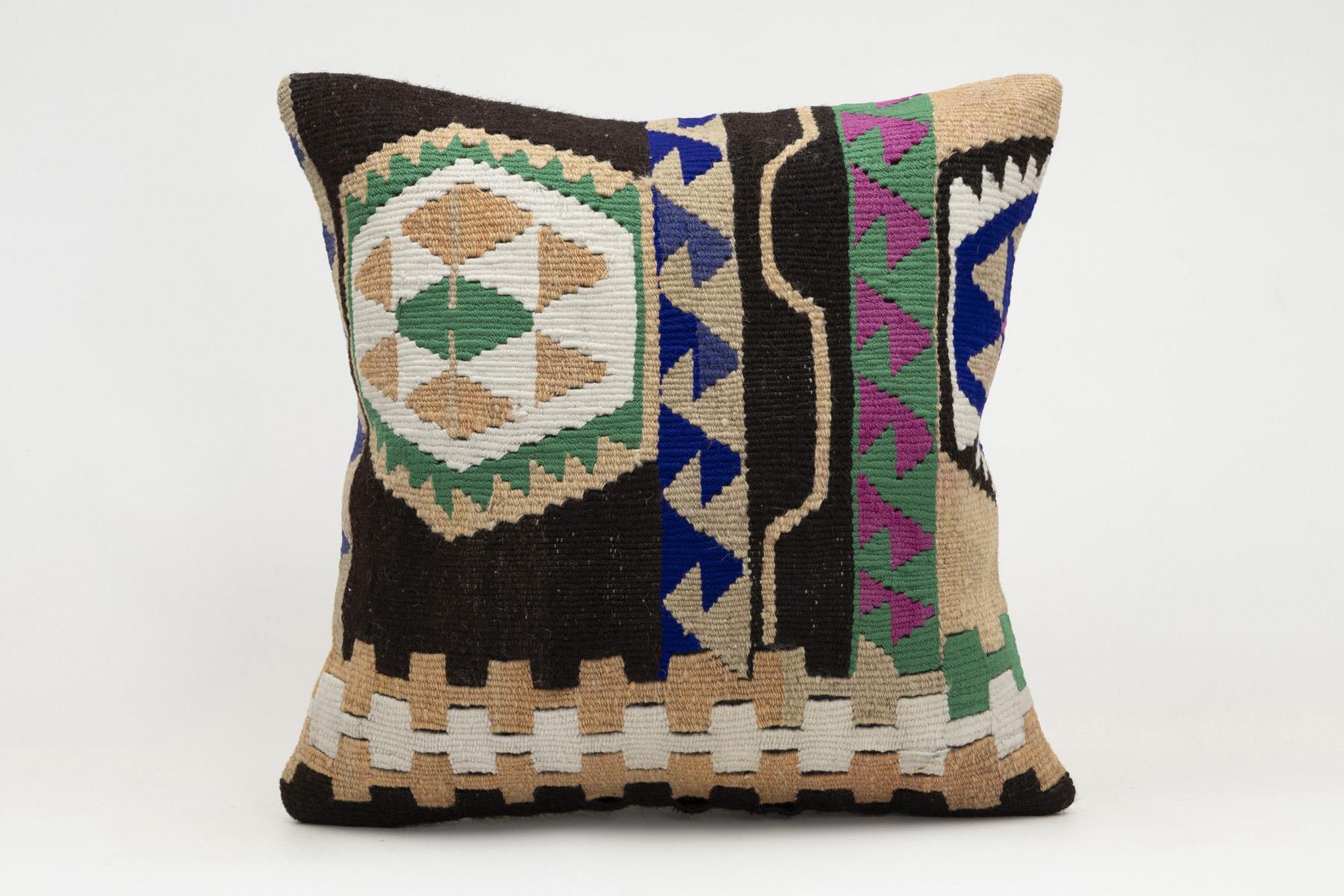 16x16 inches (40x40 cm) Kilim Pillow | KILIM WHOLESALE - Vintage Handmade Pillows - Vintage Handmade Kilim Rugs - It is 100% wool. Artistic and historical rugs. Old handwoven rugs. - Online hand woven rugs and kilim cushions sales. Shipping to a