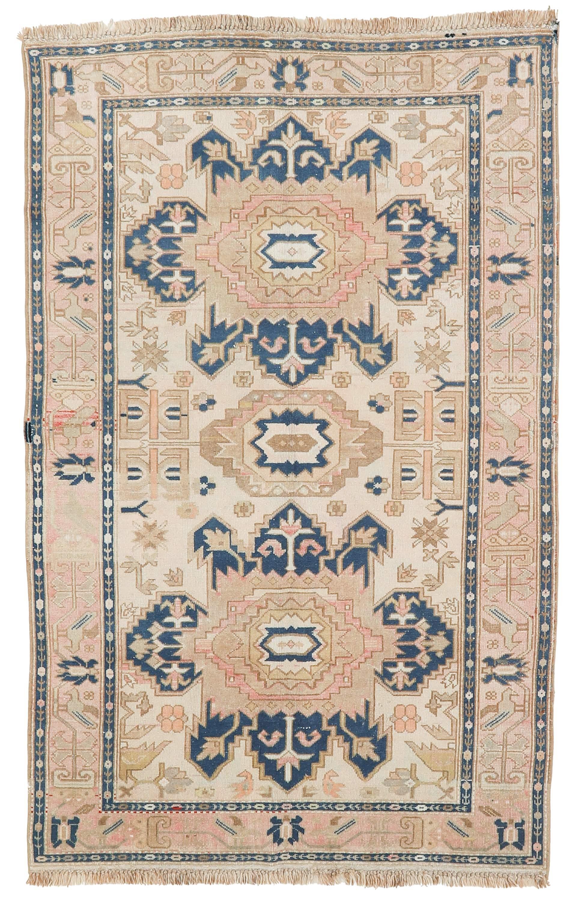 Washed Out Vintage Caucasian Rug - 4`2