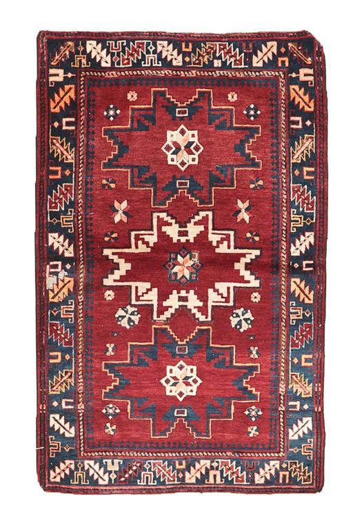 Red & Blue Vintage Caucasian Rug - 3`3'' x 4`11''