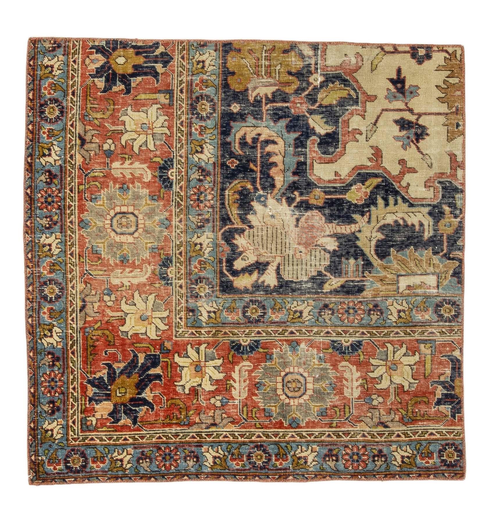 Worn Vintage Small Persian Rug - 3`5'' x 3`5''