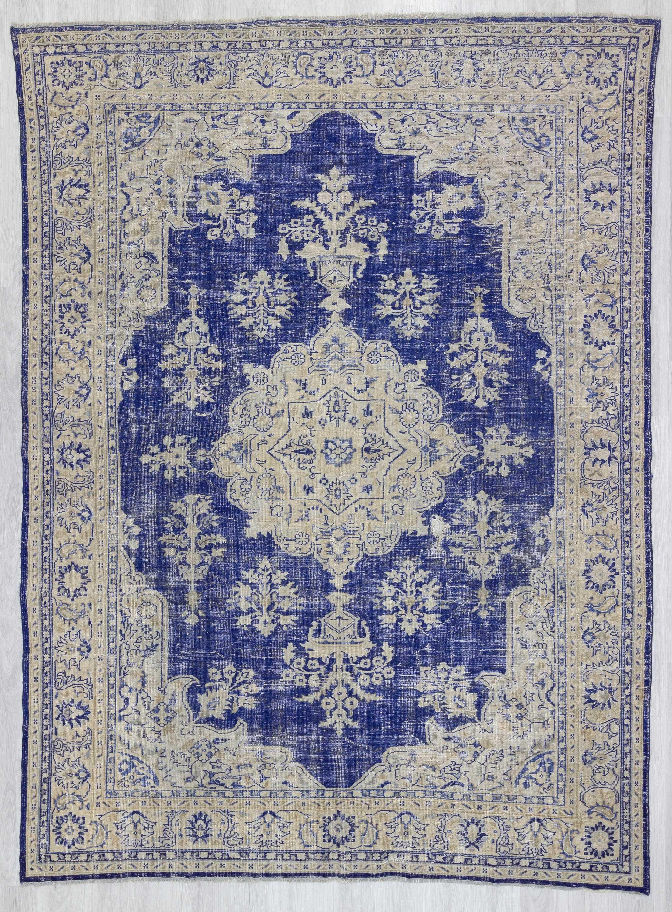 Blue & Beige vintage Turkish Oushak rug
