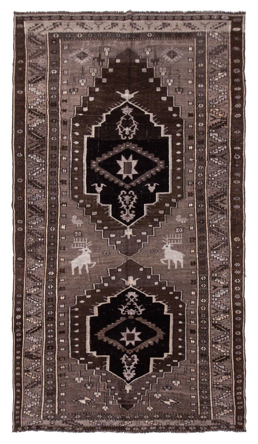 Brown Vintage Turkish Kars Rug With Deer Motif - 6`8'' x 12`4''