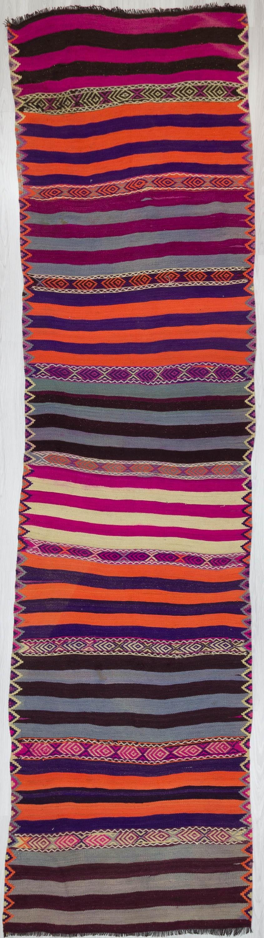 Colorful Striped Vintage Turkish Kilim Runner