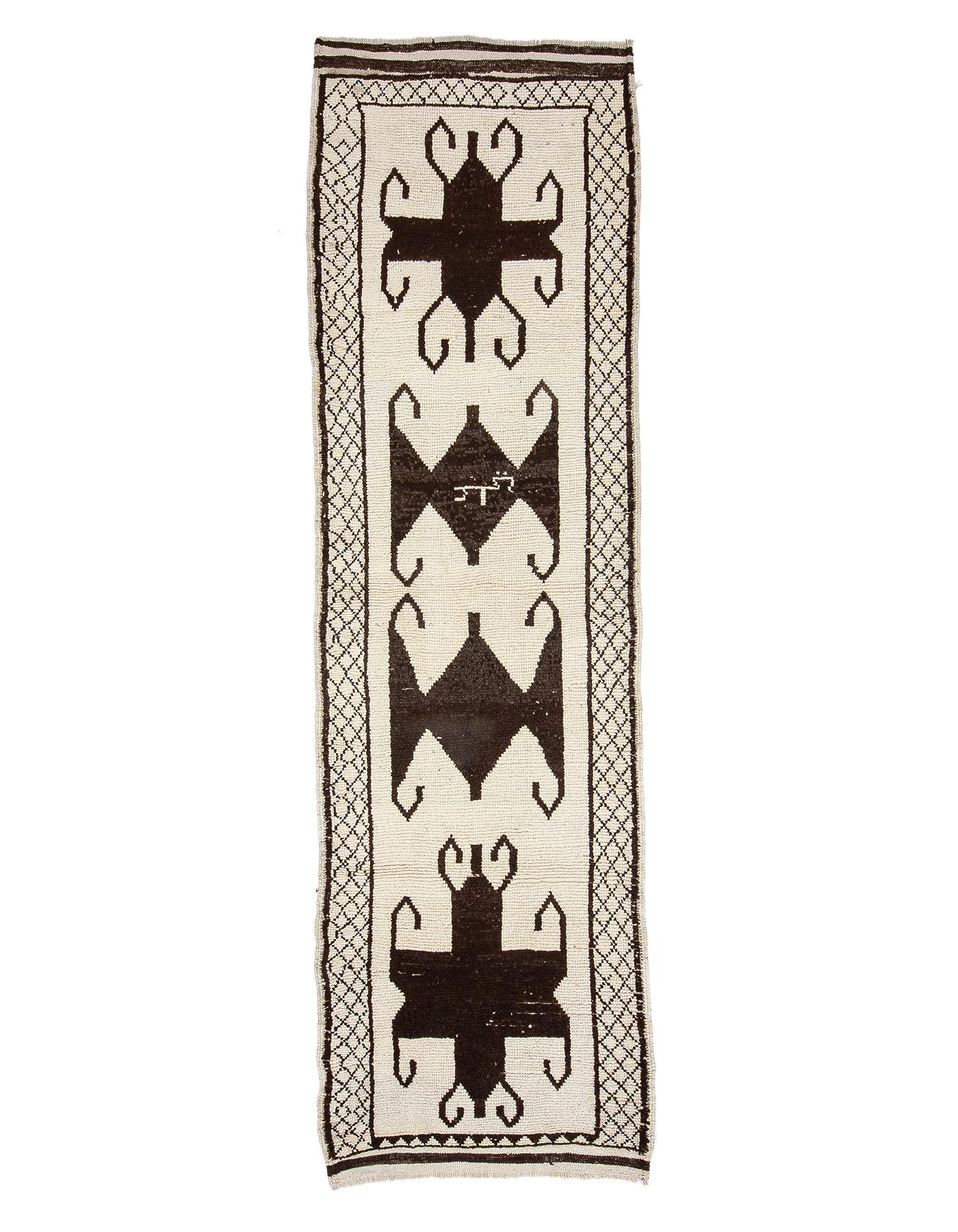 Decorative Vintage Brown & White Runner - 3`8'' x 12`7''