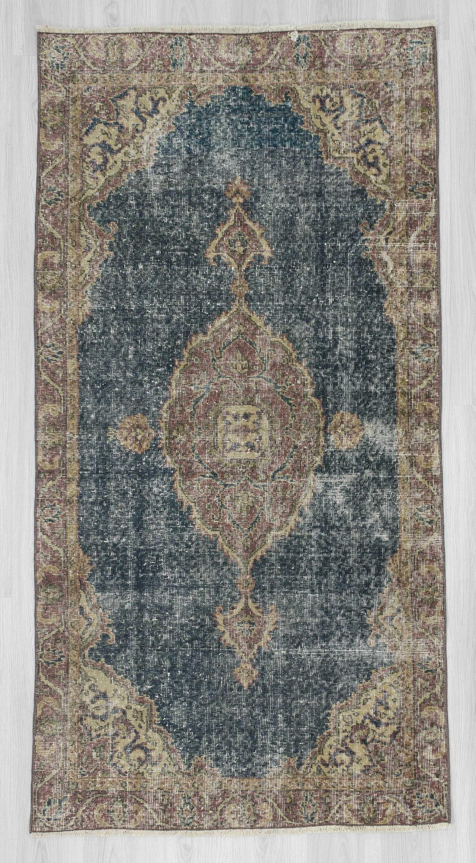 Distressed navy ground Turkish Oushak rug