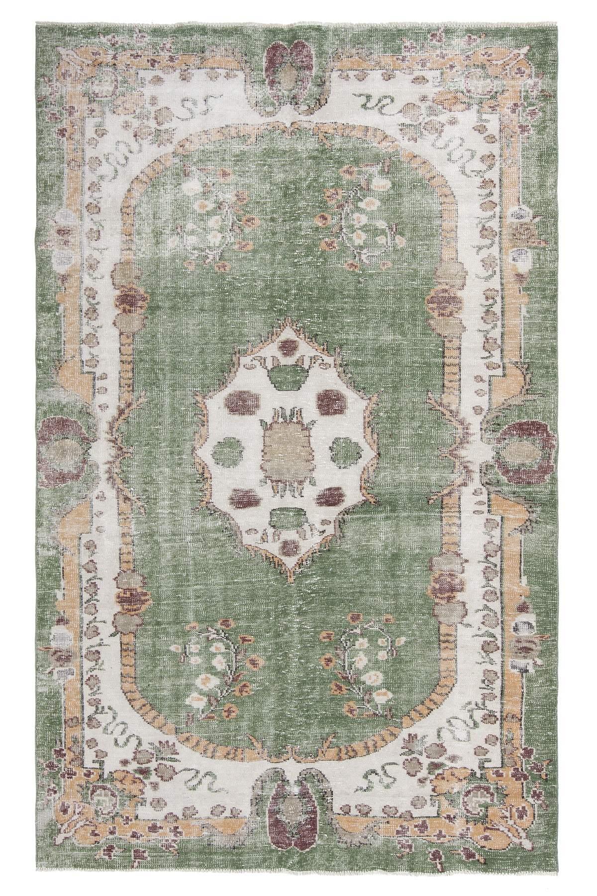 Distressed Vintage Green Oushak Rug