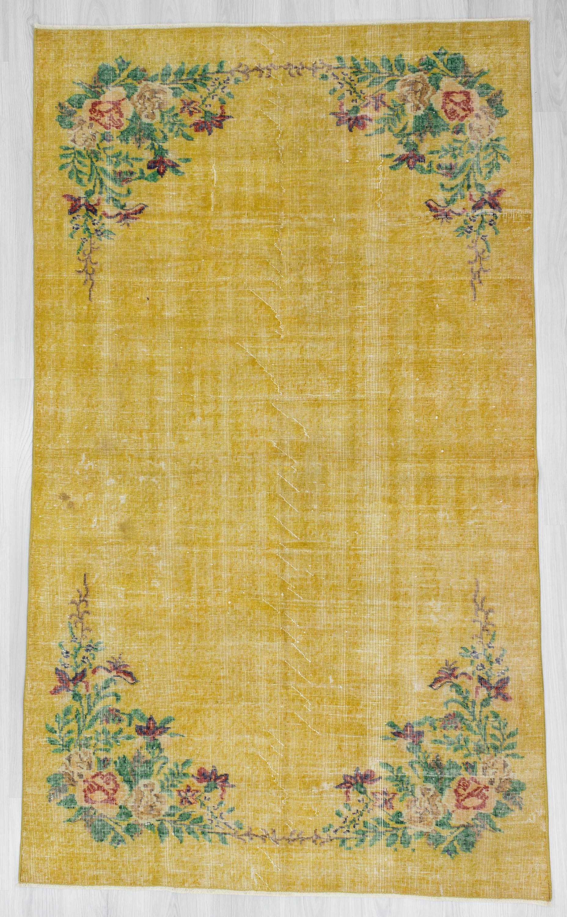 Floral designed yellow vintage deco rug