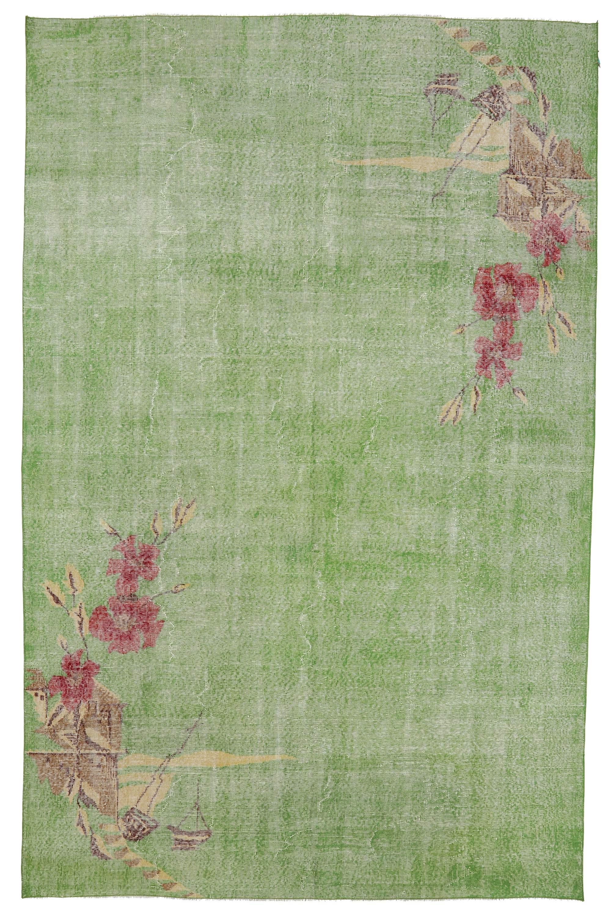 Green Floral Turkish Vintage Rug - 6`11'' x 10`10''