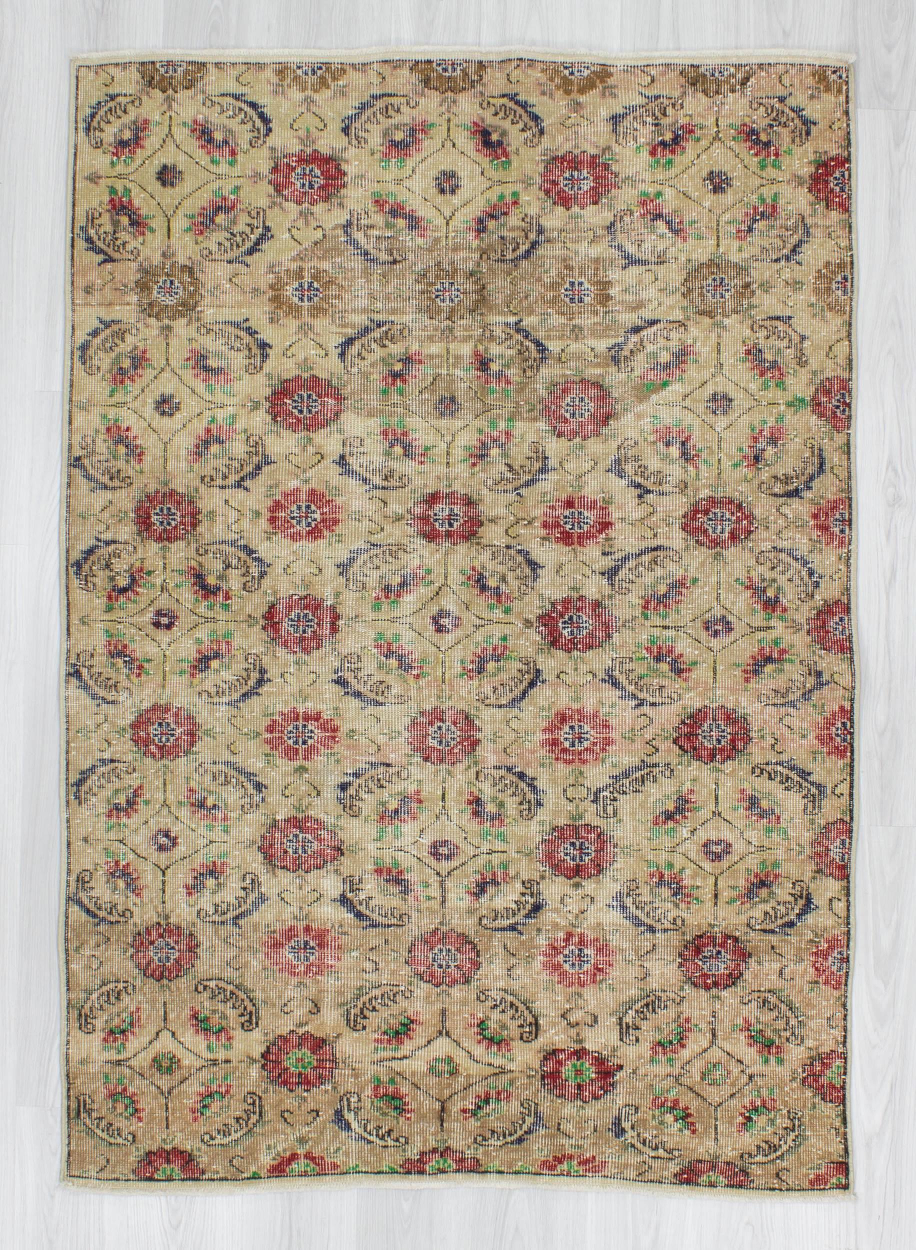 Hand-knotted vintage decorative floral designed Turkish art deco rug