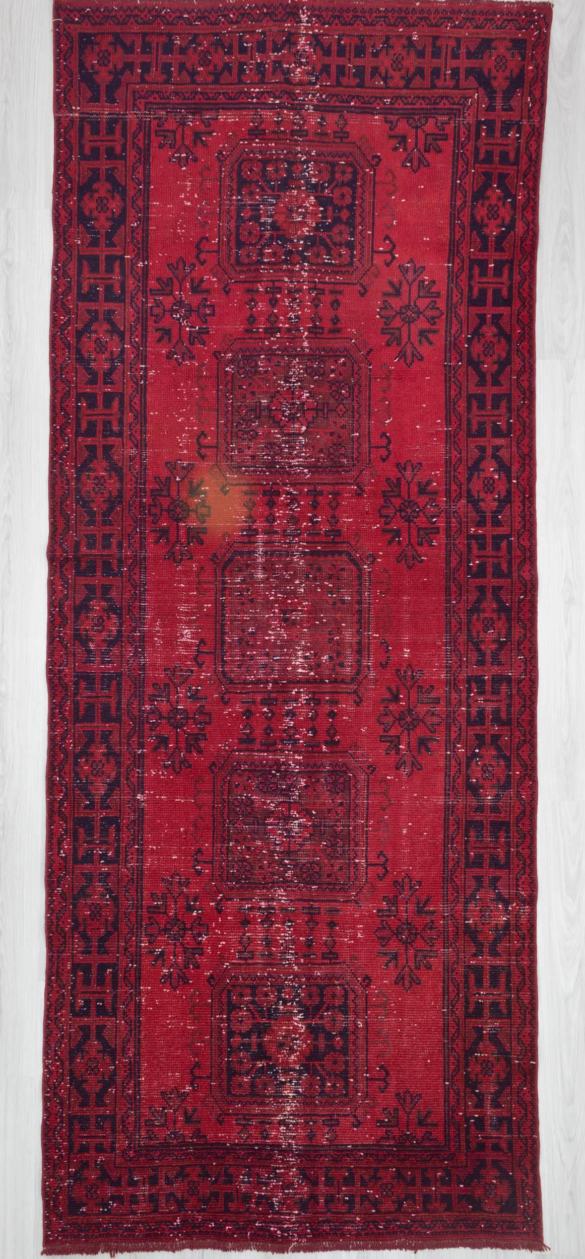 Hand knotted vintage over-dyed red Turkish runner rug
