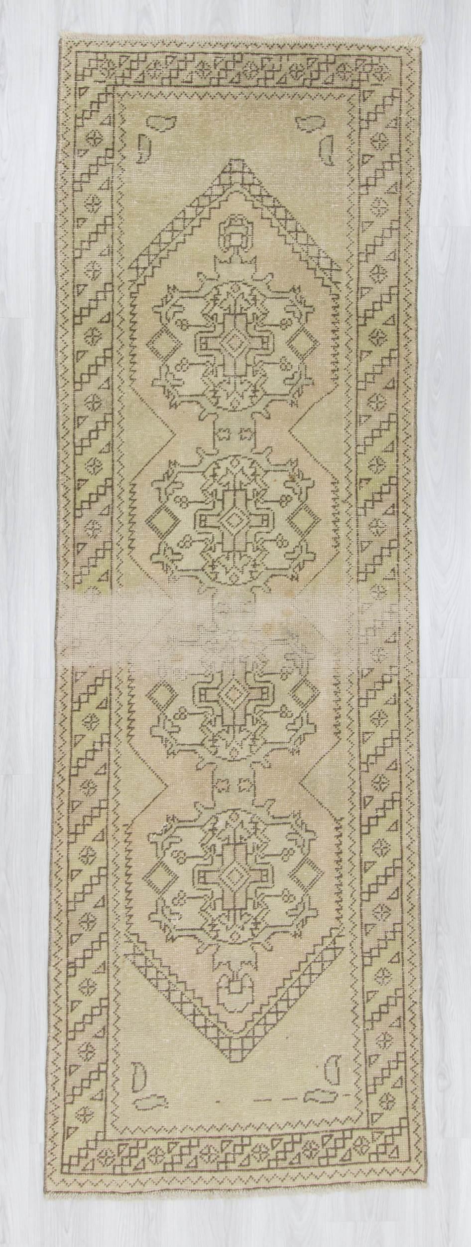 Handknotted vintage distressed decorative washed out Turkish runner rug