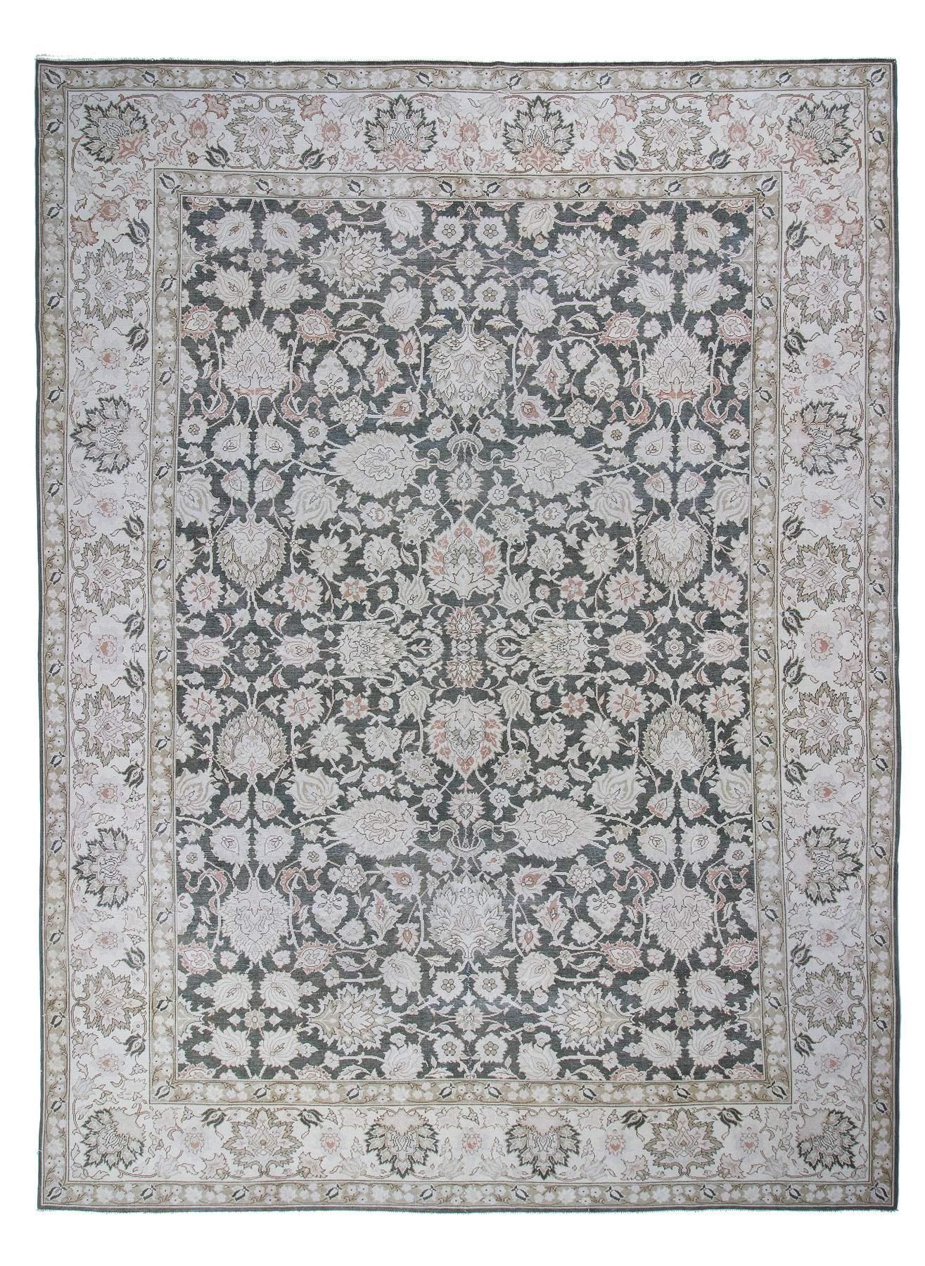 Large Vintage Beige / Dark Green Oushak Rug