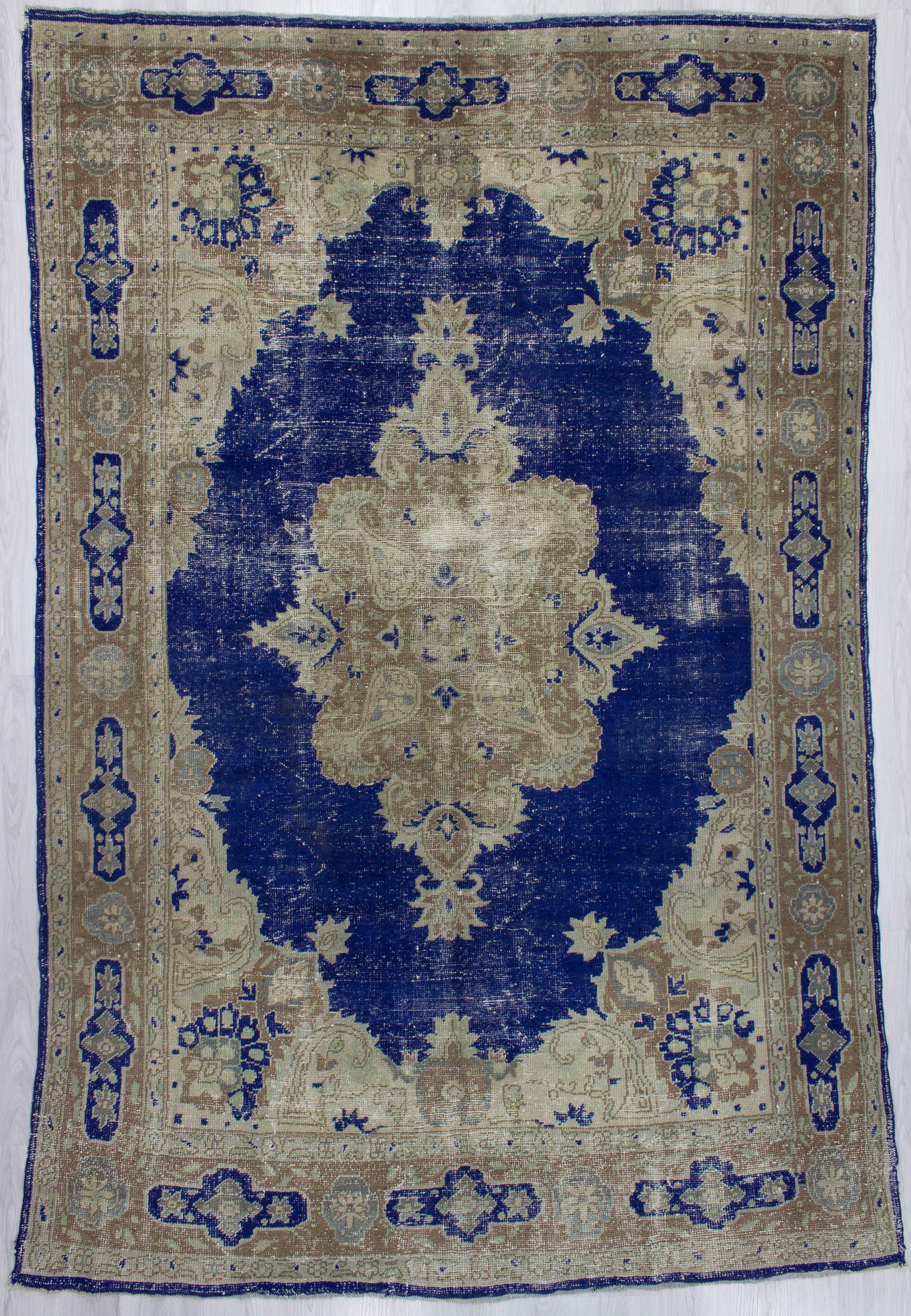 Navy Blue / Beige Vintage Distressed Oushak Rug