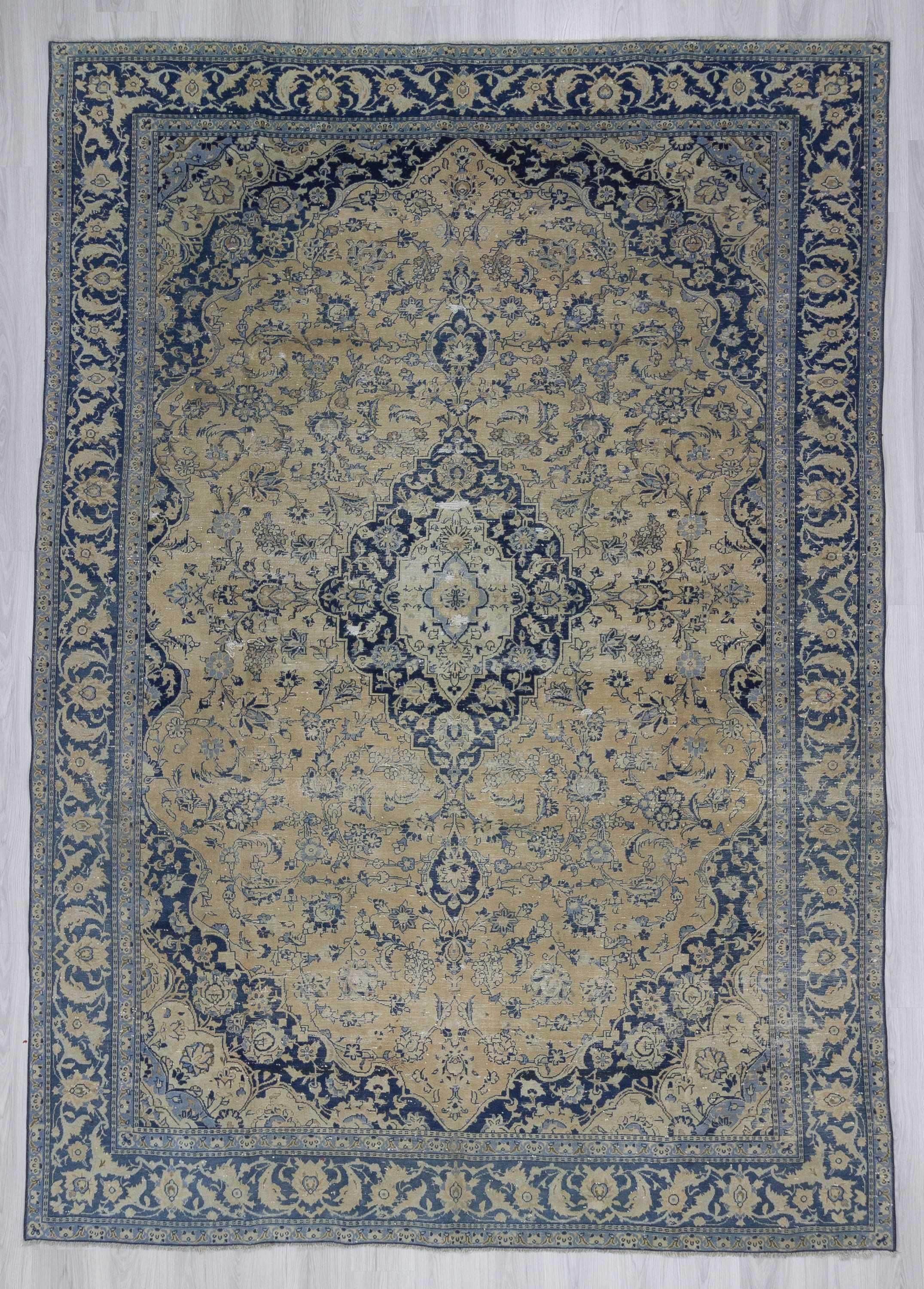 Navy blue beige vintage medallion designed Persian Tabriz rug