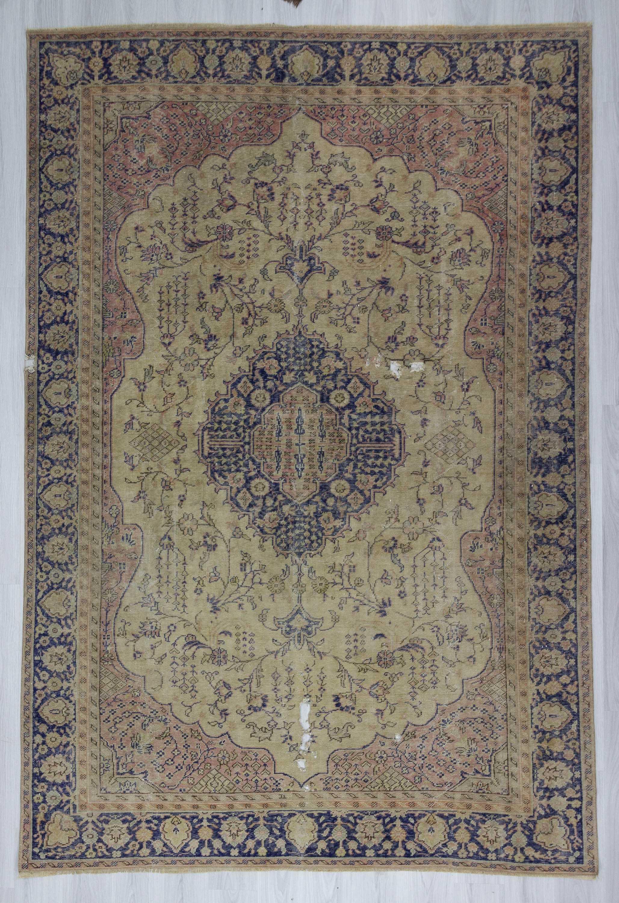 Navy&Beige distressed medallion designed vintage Turkish Oushak rug
