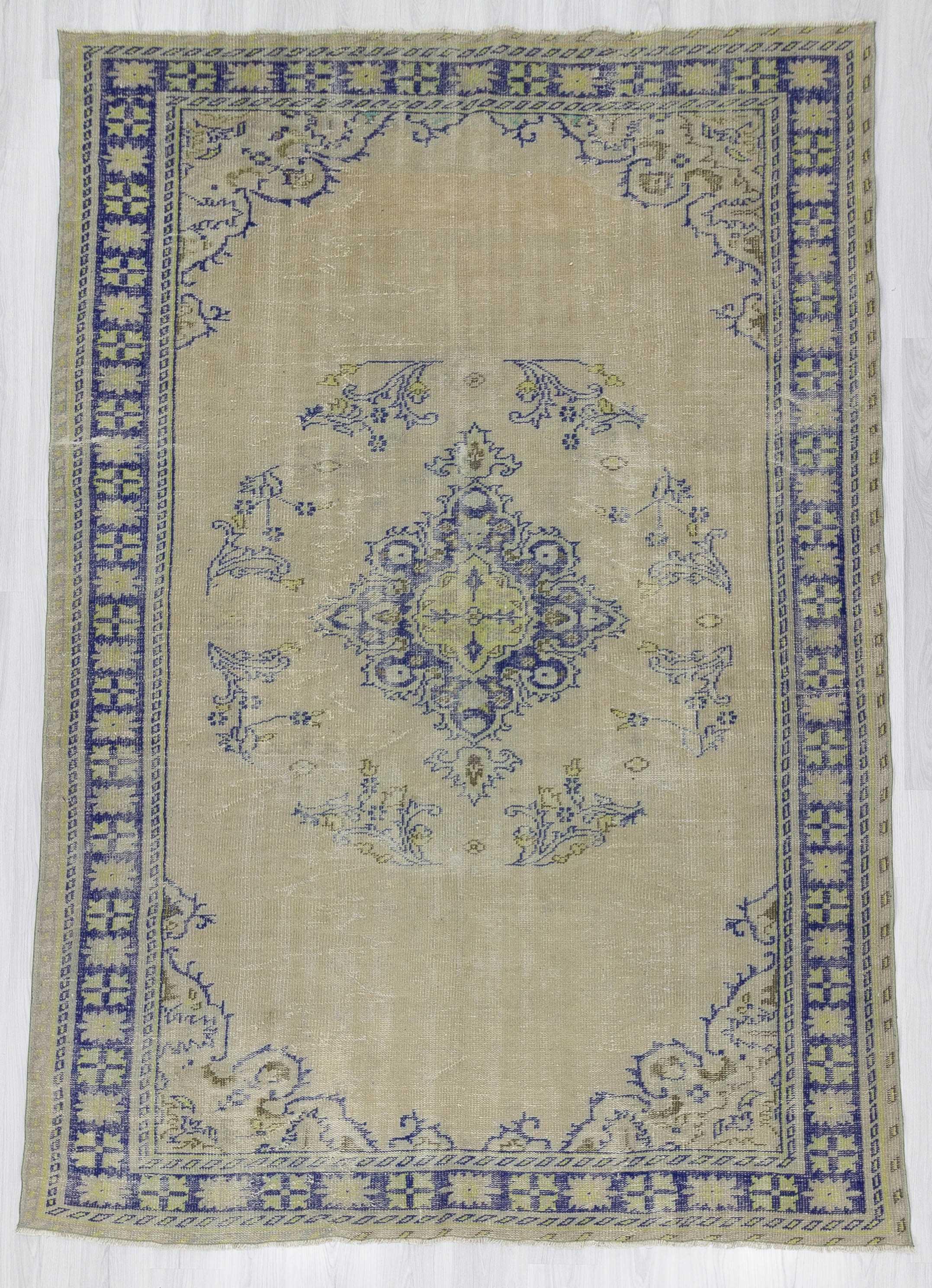 Vintage beige navy blue Turkish Oushak rug