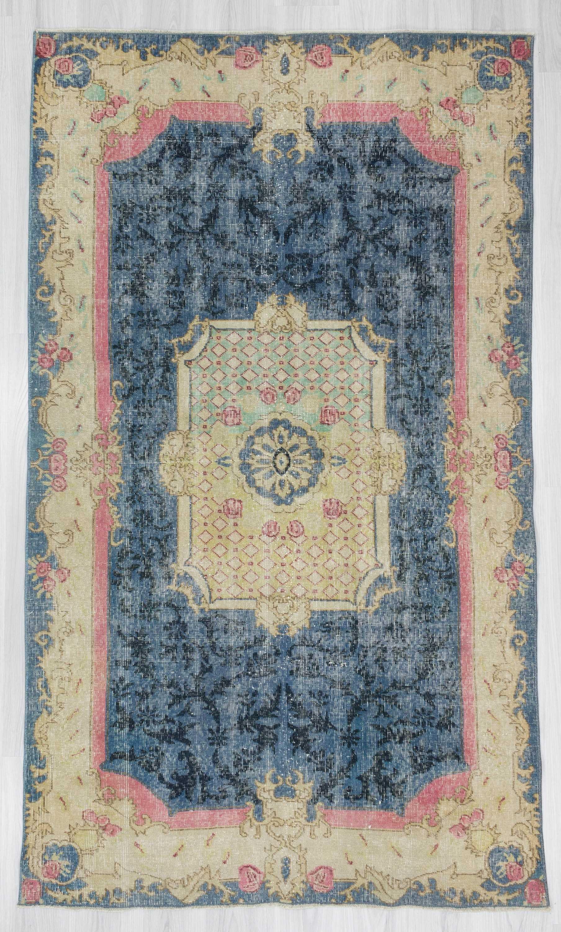 Vintage blue ground Turkish deco rug