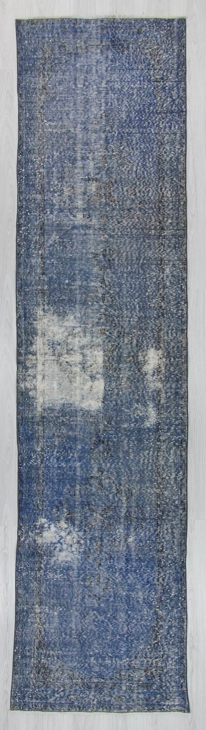 Vintage blue overdyed Turkish runner rug