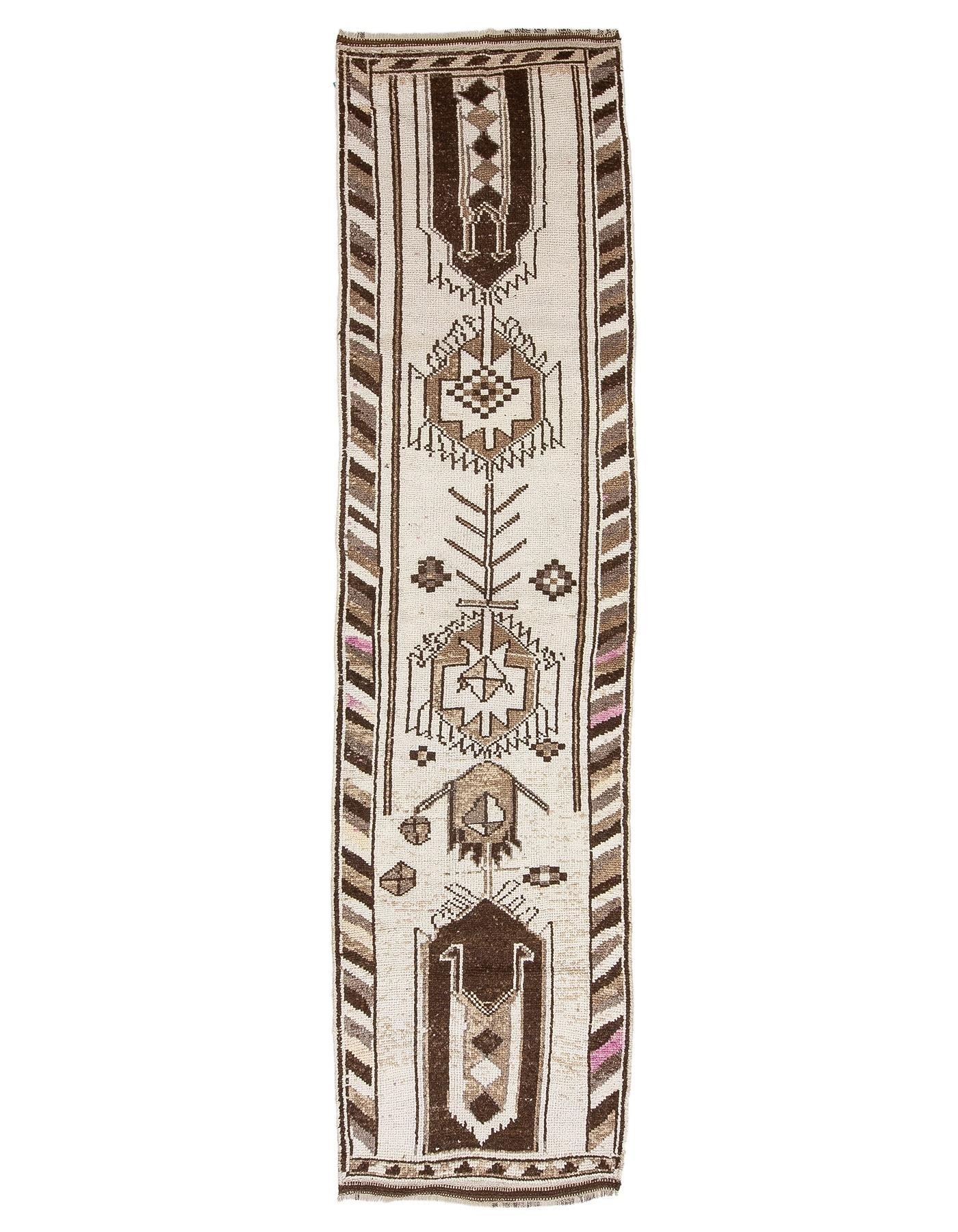 Vintage Brown & Cream Wool Runner - 2`11'' x 12`8''