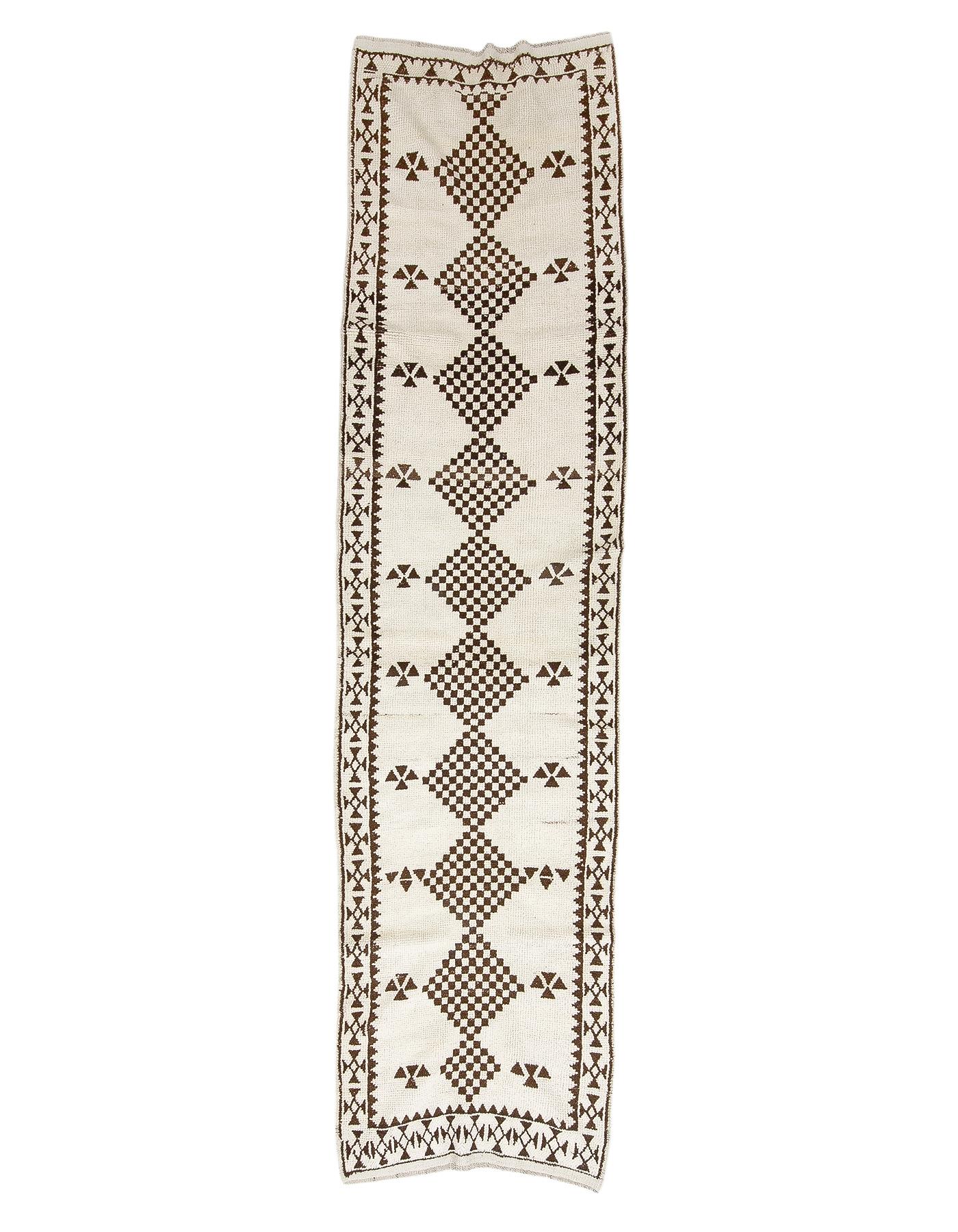 Vintage Brown & White Herki Runner - 3`1'' x 12`1''