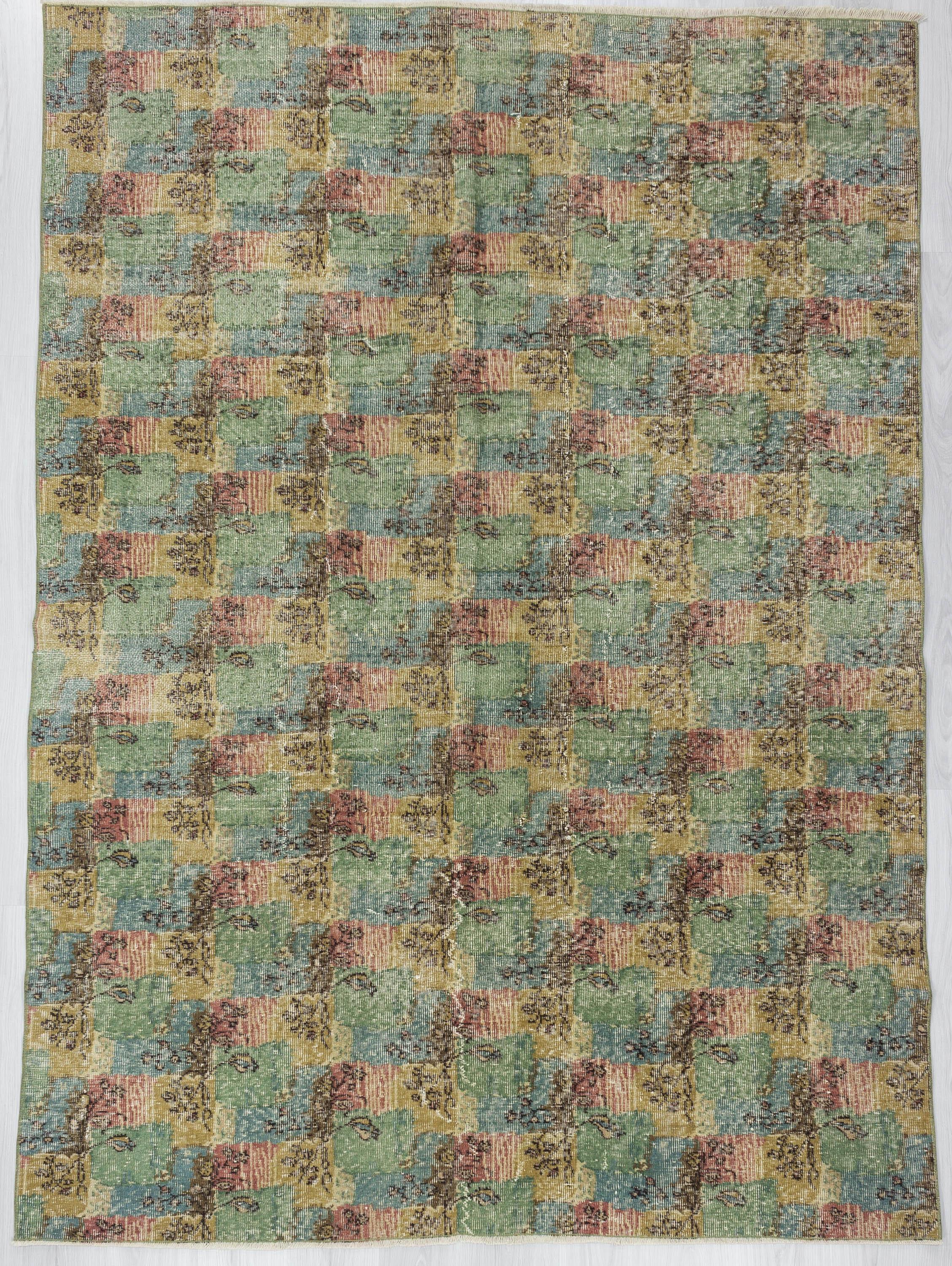 Vintage Green / Yellow / Rust Turkish Art Deco Rug