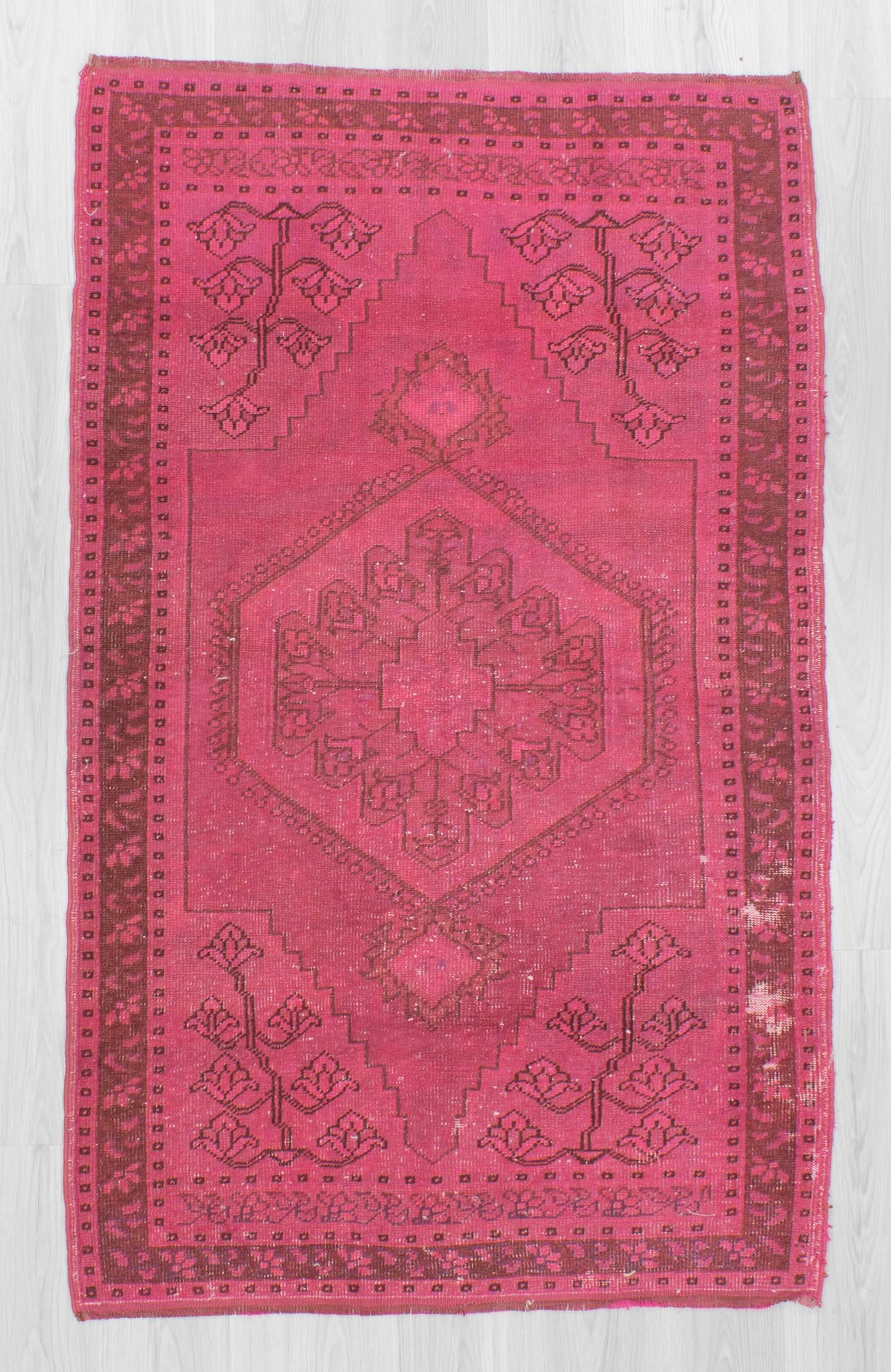 Vintage hand-knotted decorative modern fushia overdyed Turkish area rug