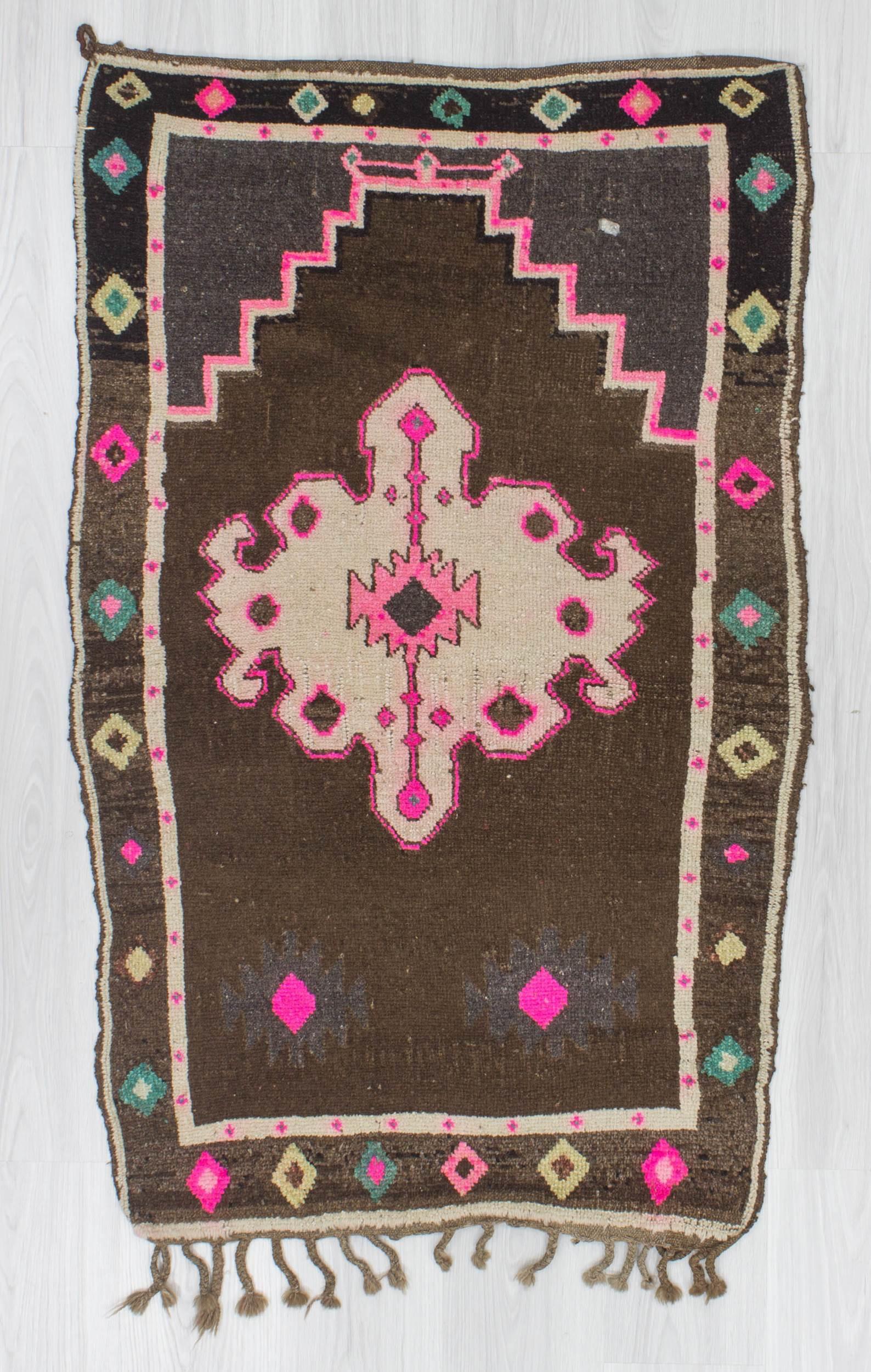 Vintage handknotted small decorative Turkish Kars area rug
