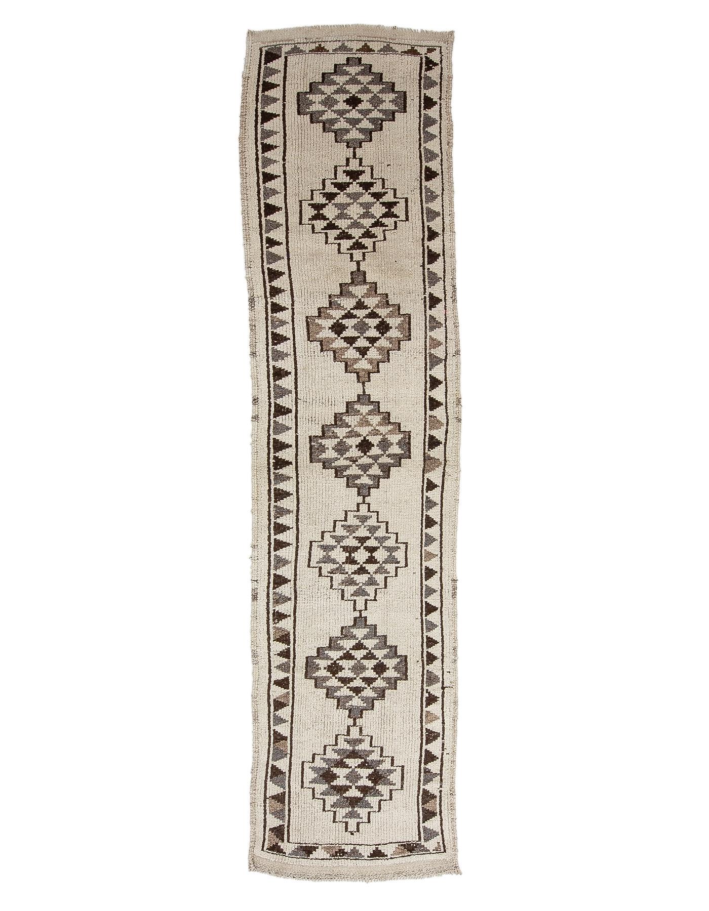 Vintage Wool Cream & Brown Runner - 2`7'' x 12`5''