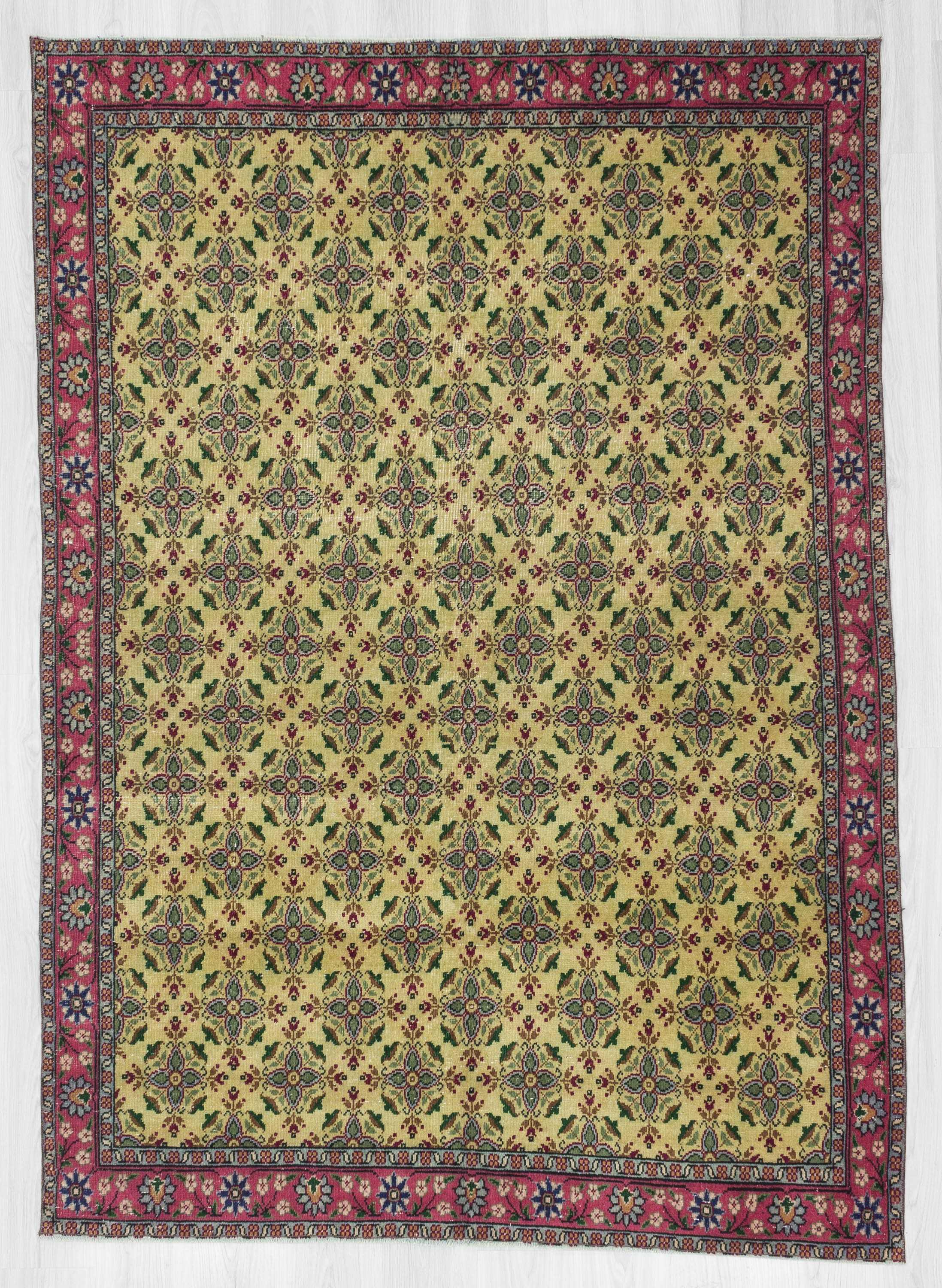 Vintage yellow ground floral Turkish rug