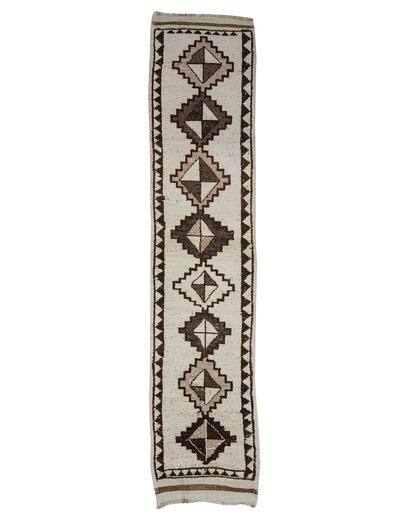 White & Brown Vintage Wool Runner - 2`8'' x 12`0''
