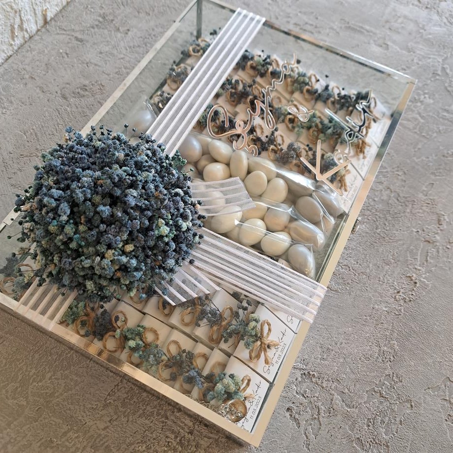 Mavi Çiçek Süslemeli Cam Kutu