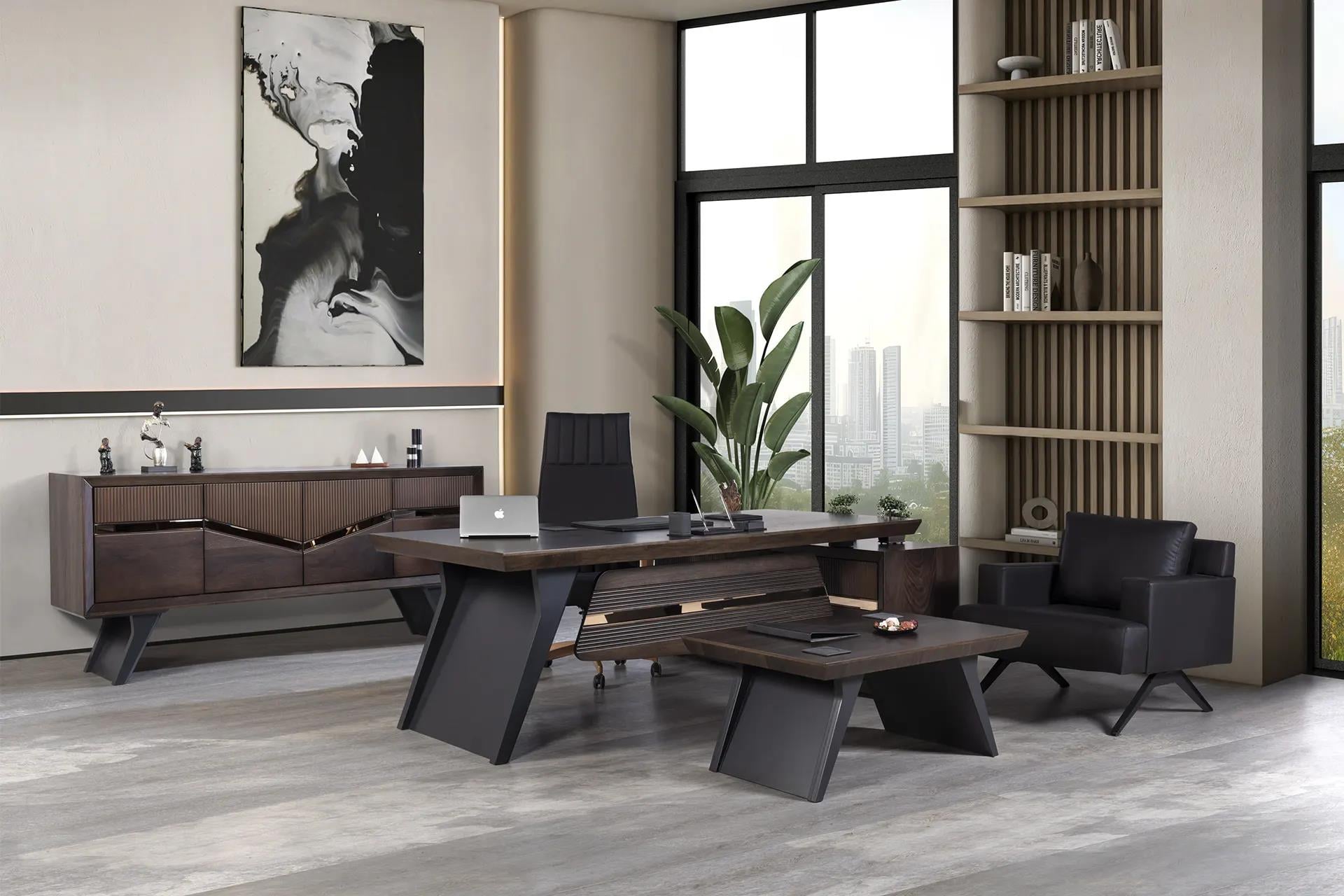 Arden Vip Ahşap Makam Takımı – Modern Geometrik Tasarım ve Prestijli Yönetici Ofis Mobilyası