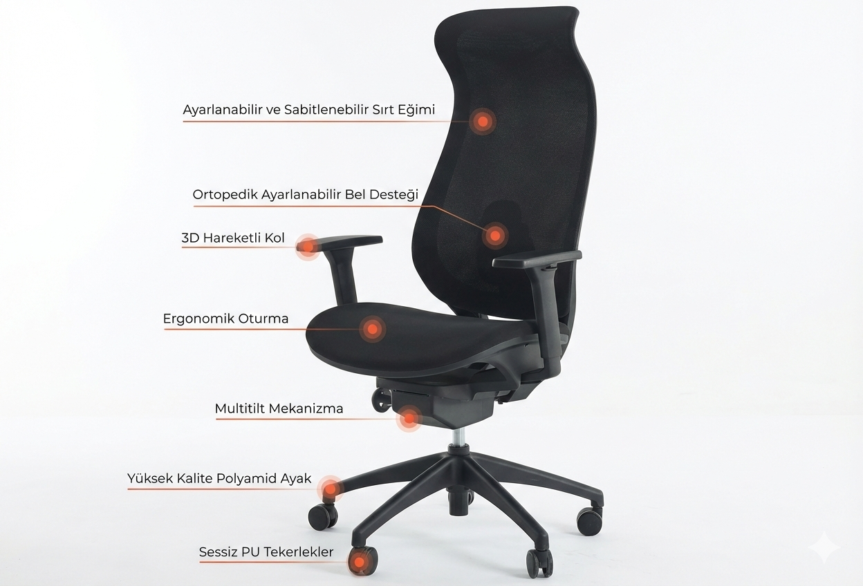 Bova Black Premium Yönetici Koltuğu | Full Ergonomik & Ortopedik Tasarım