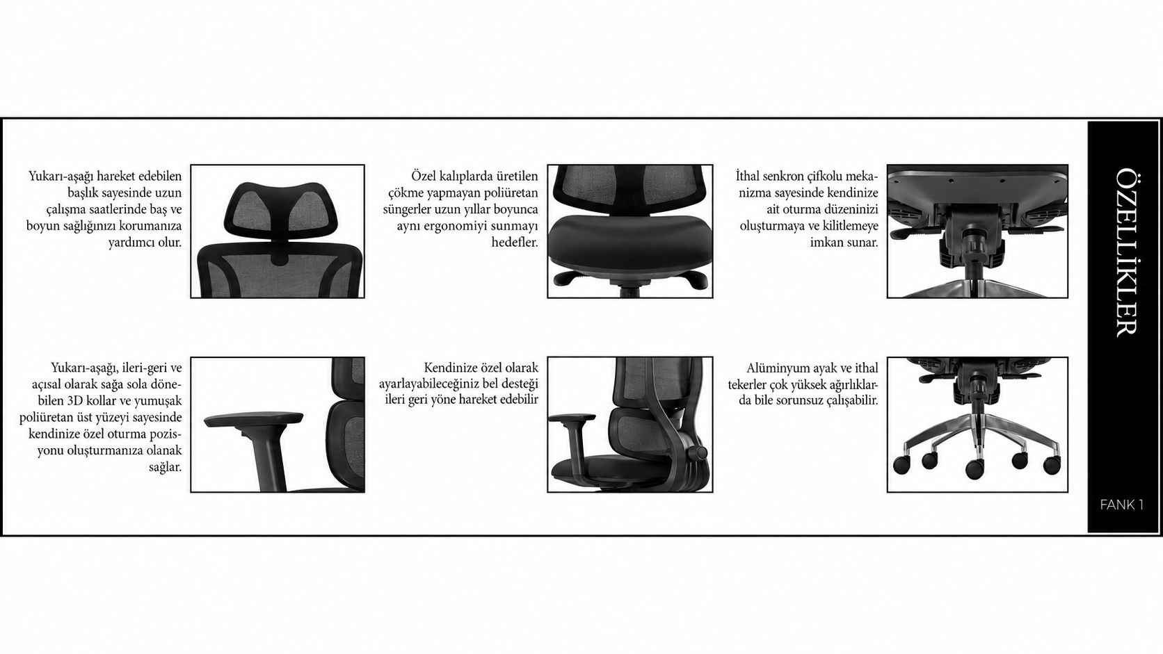 Fank 1 Ergonomik Fileli Çalışma Koltuğu | 3D Kolçak, Senkron Mekanizma, Alüminyum Ayak