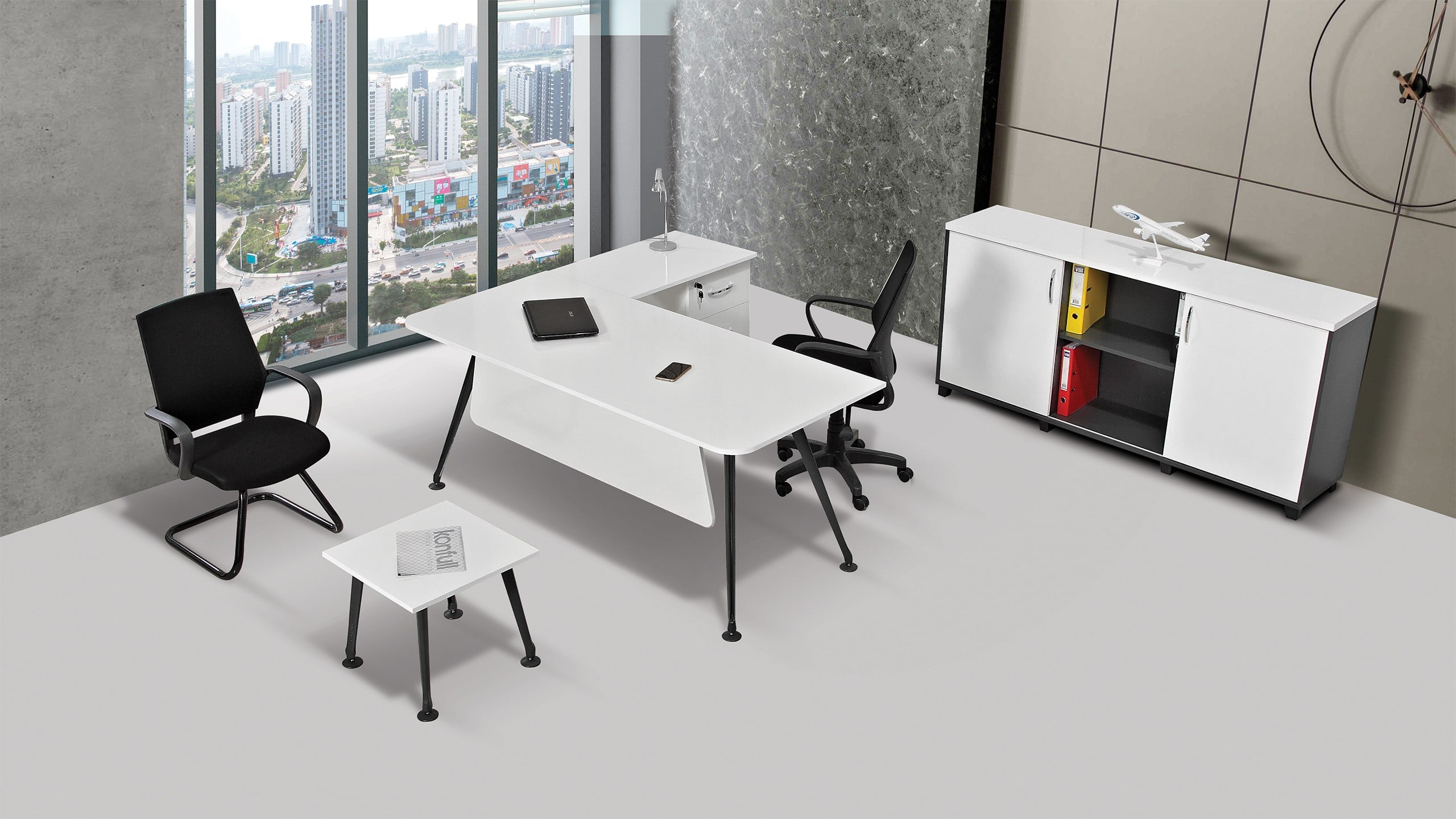 İnter Ara Yönetici Takımı | 180 cm Masa, Etajer, Dolap ve Sehpa – Modern Ofis Takımı