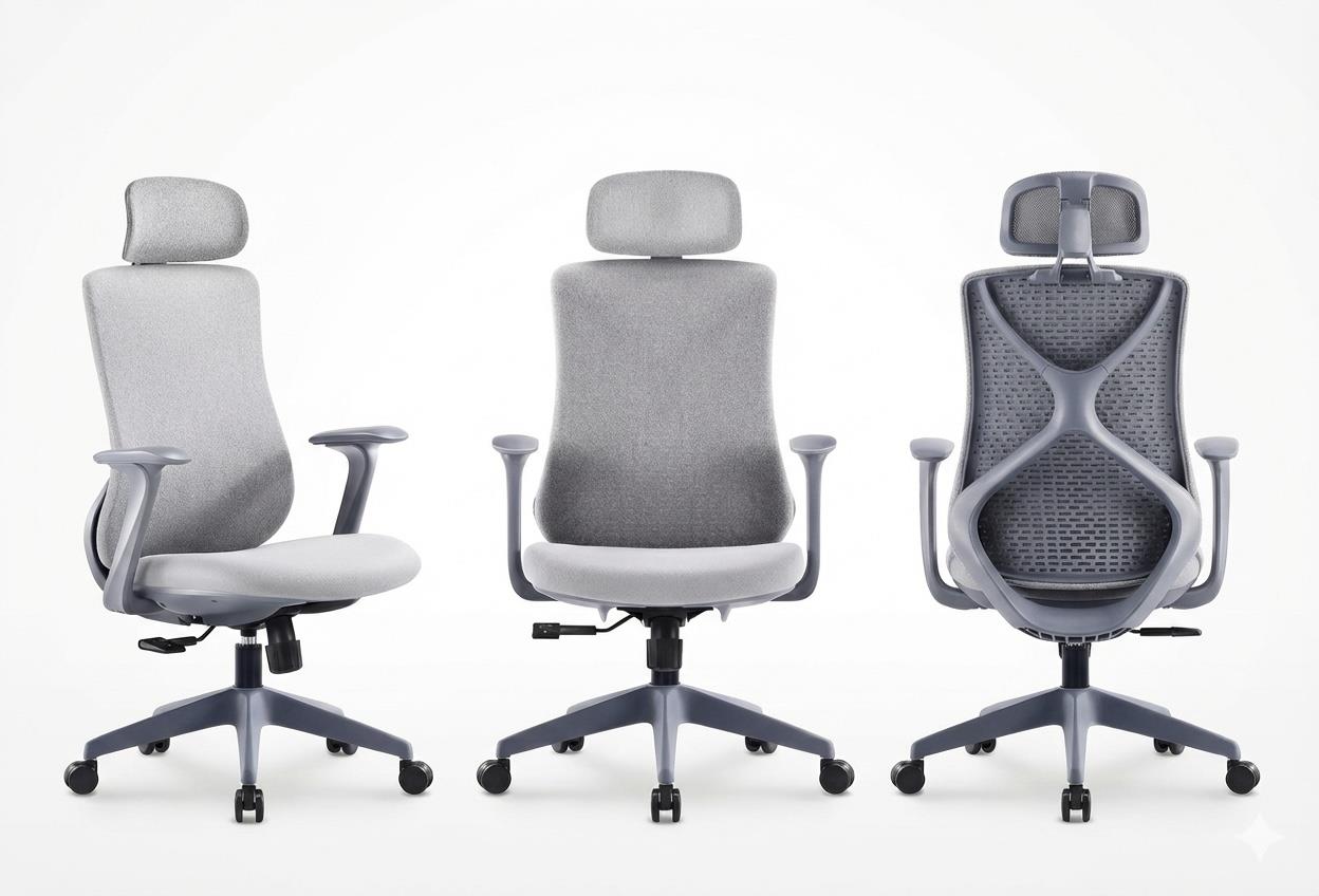 Lucca Ergonomik Ofis Sandalyesi - Gri Kumaş, Başlıklı ve Bel Destekli Yönetici Koltuğu
