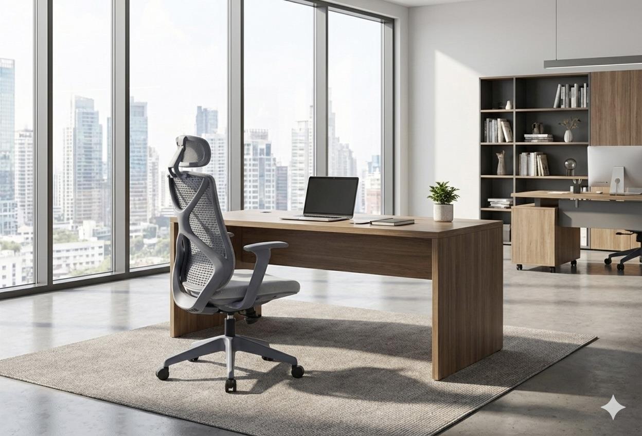 Lucca Ergonomik Ofis Sandalyesi - Gri Kumaş, Başlıklı ve Bel Destekli Yönetici Koltuğu