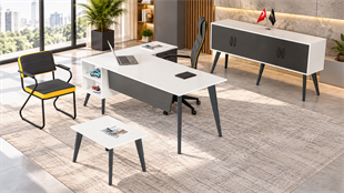 Sun Eta Ara Yönetici Takımı | Etajerli Modern Ofis Masa Takımı – Metal Ayaklı