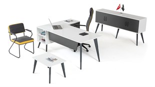 Sun Eta Ara Yönetici Takımı | Etajerli Modern Ofis Masa Takımı – Metal Ayaklı