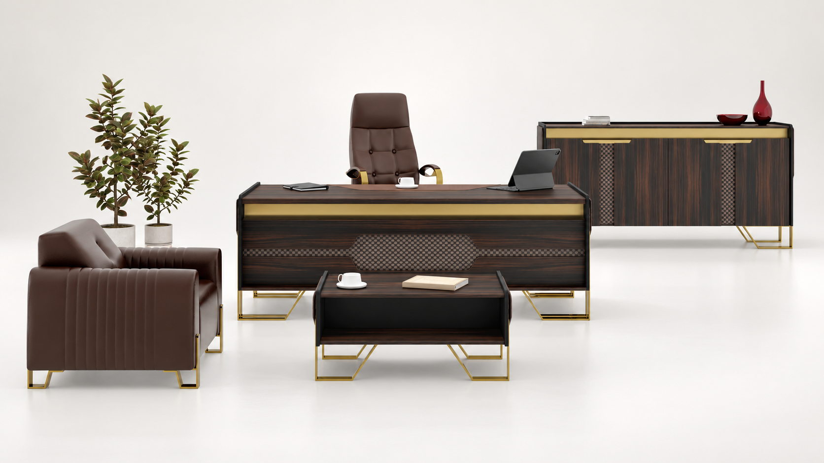 Atacama Yönetici Takımı | 218 cm Gold Detaylı Lüks Makam Takımı