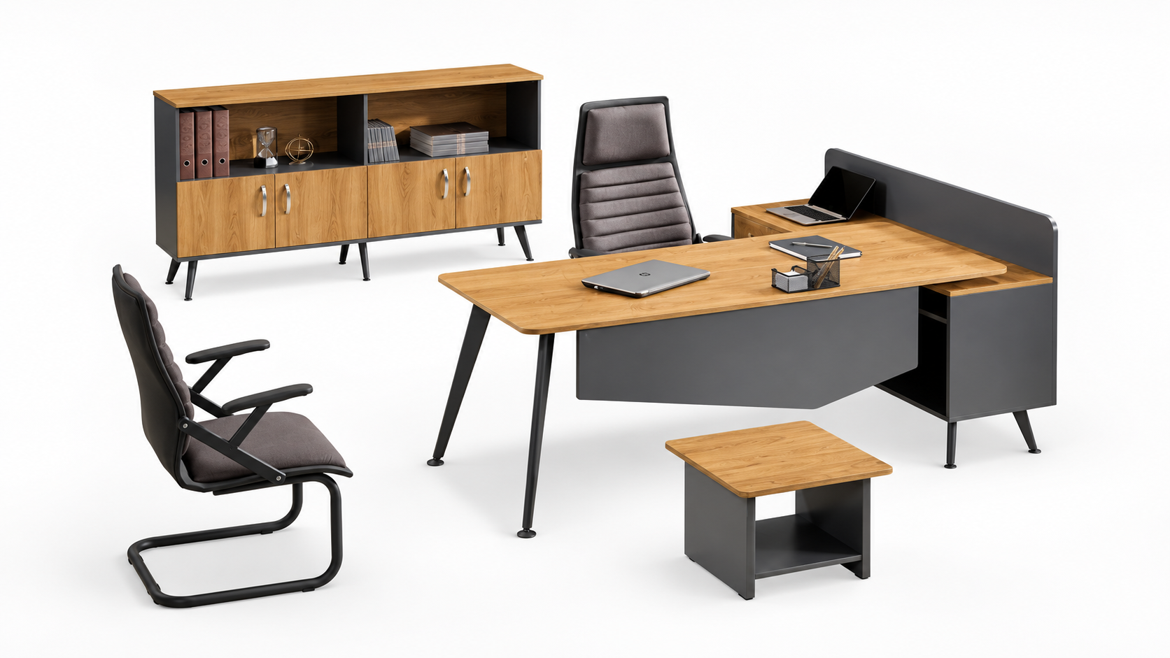 Mira Etajerli Ara Yönetici Takımı | Metal Ayaklı Modern Ofis Mobilyası