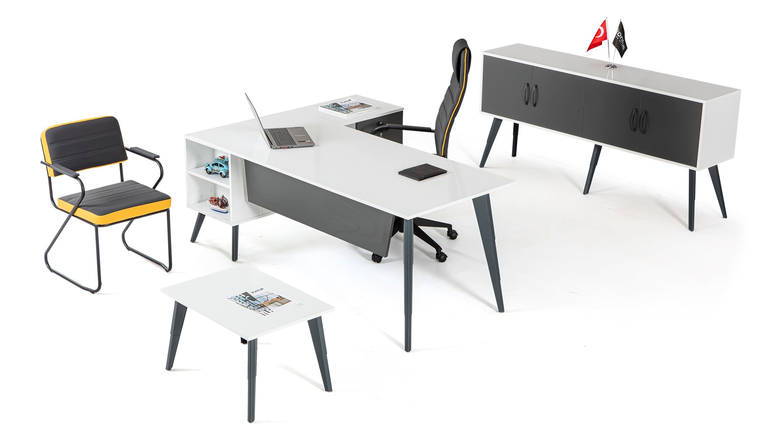 Sun Eta Ara Yönetici Takımı | Etajerli Modern Ofis Masa Takımı – Metal Ayaklı