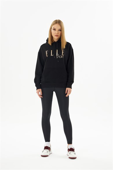 ELLE Sport Siyah Yaldızlı Cepli Kadın Kapüşonlu Sweatshirt